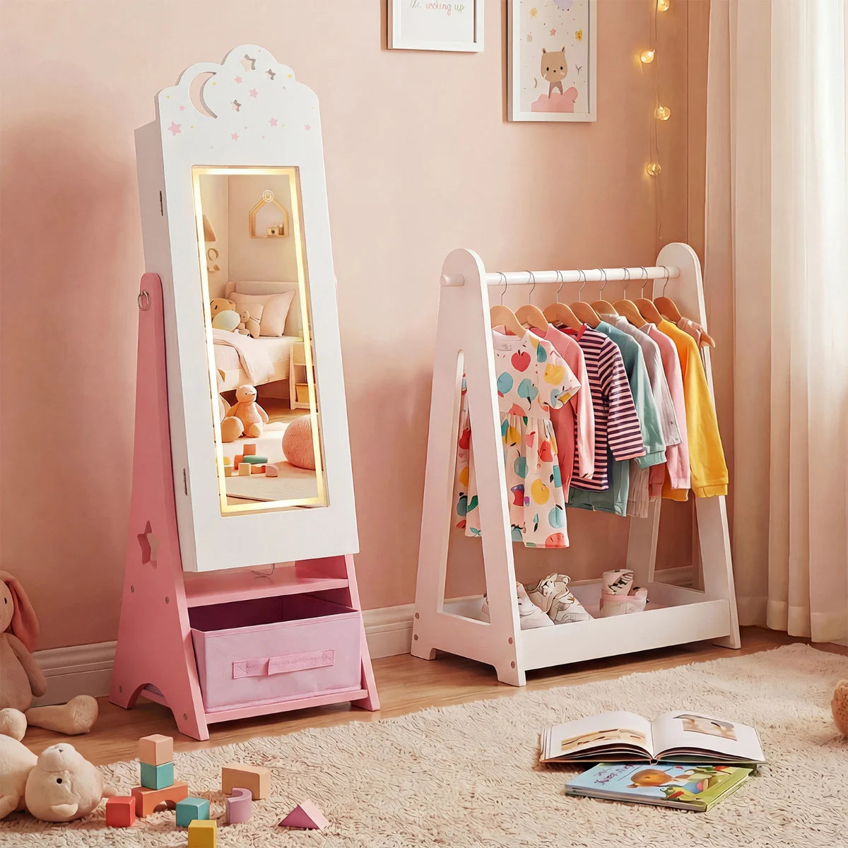 Kids Jewelry Cabinet with Sensor Lights and Full-Length Mirror-Pink
