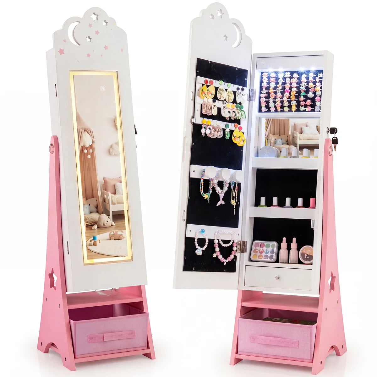 Kids Jewelry Cabinet with Sensor Lights and Full-Length Mirror-Pink
