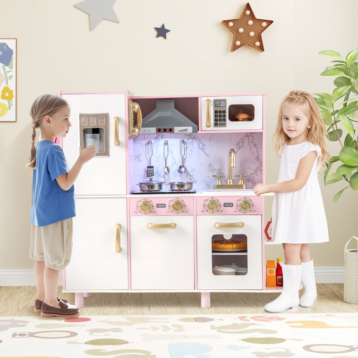 Kids Kitchen Playset Pretend Wooden Play Kitchen with Apron for 3+ Years Old-Pink