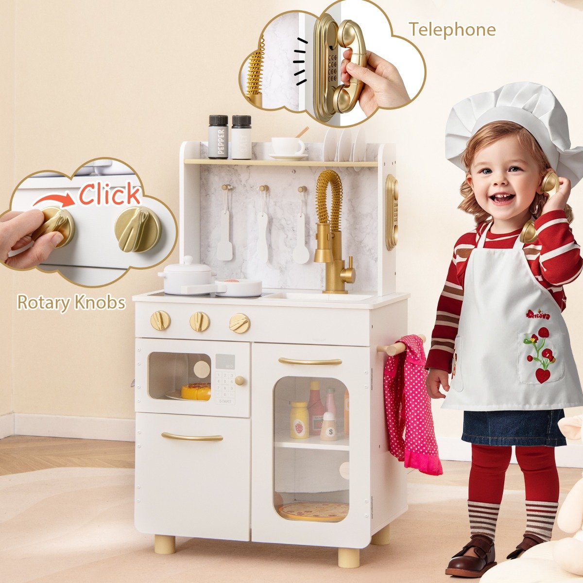 Kids Kitchen Setwith Stoves Faucet Sink Telephone Microwave and Oven-White