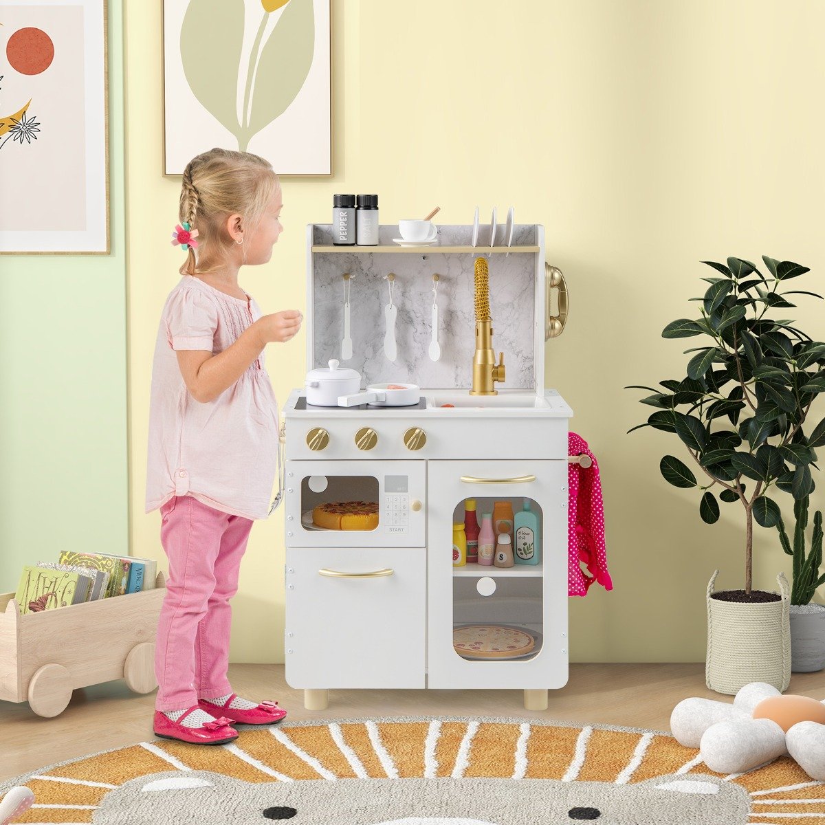 Kids Kitchen Setwith Stoves Faucet Sink Telephone Microwave and Oven-White