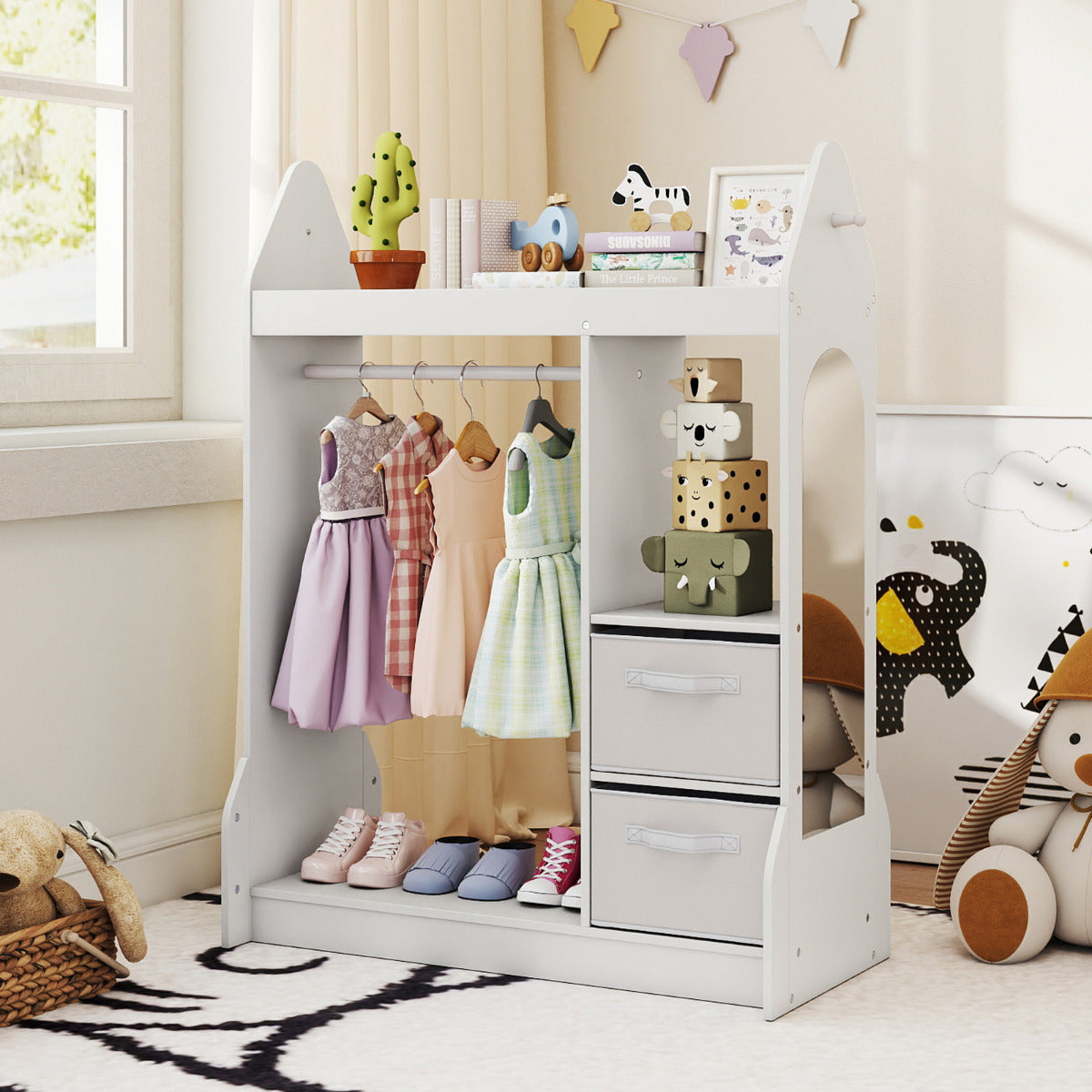 Kids Play Armoire Dresser with Acrylic Mirror Cloth Hanger-Pink