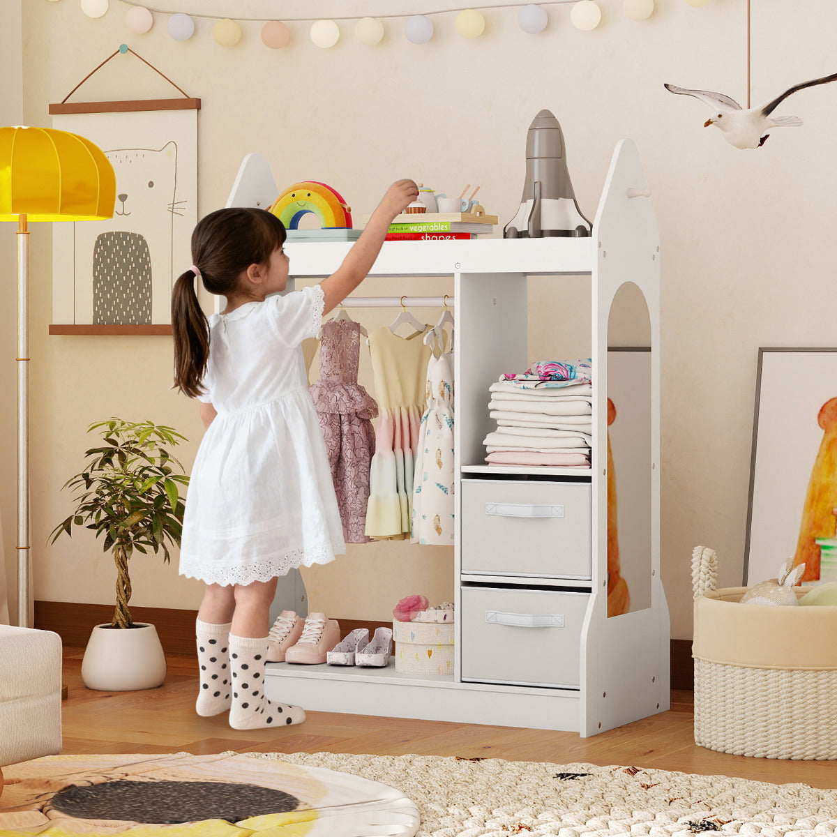 Kids Play Armoire Dresser with Acrylic Mirror Cloth Hanger-Pink