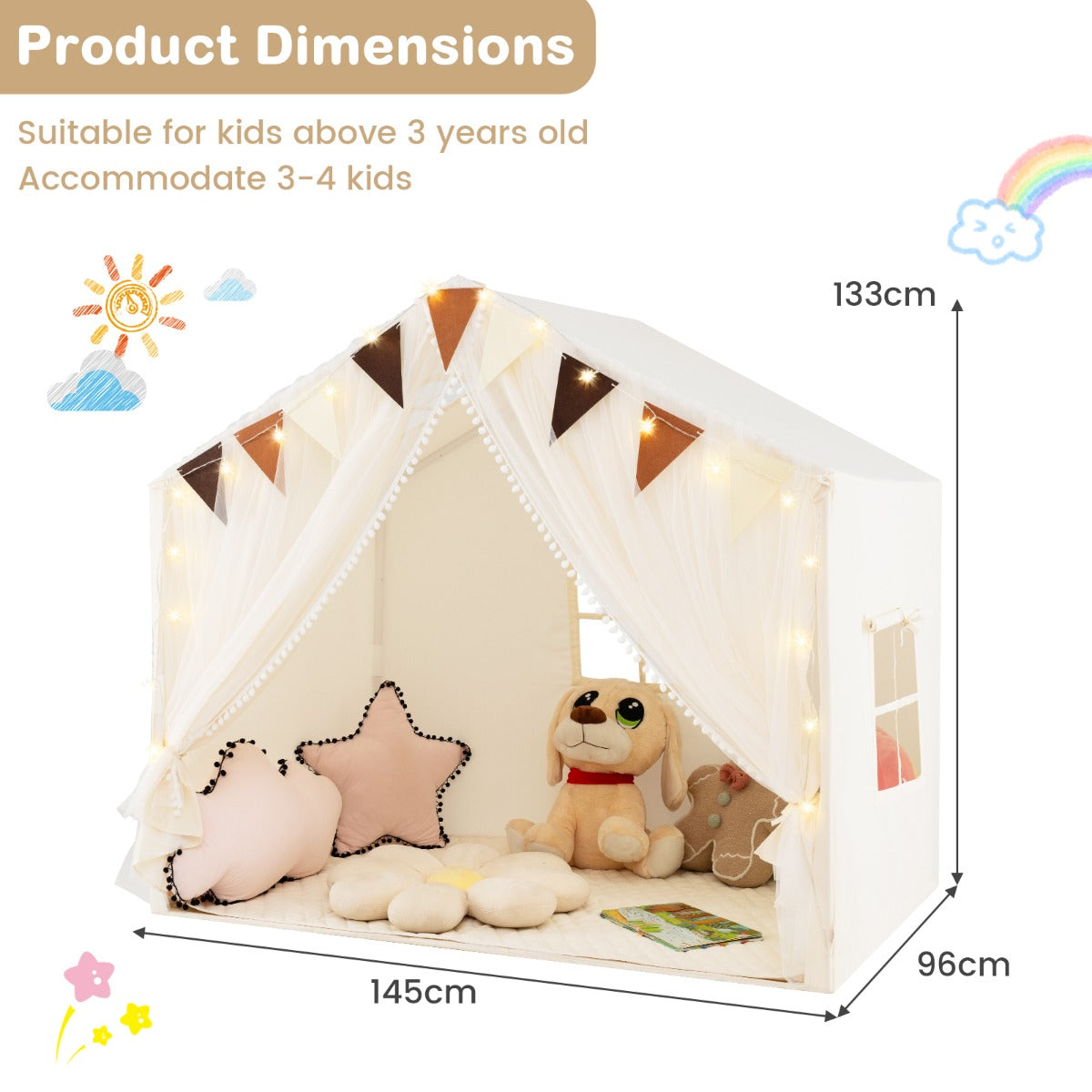 Kids Play Tent 3-4 Kids Large Play Tent House with Fabric and Screen Curtains-Beige