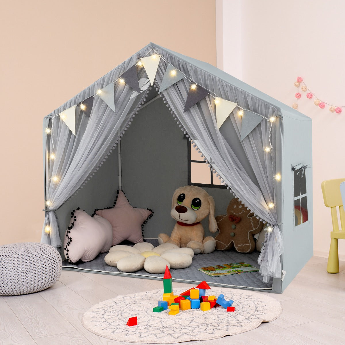 Kids Play Tent 3-4 Kids Large Play Tent House with Fabric and Screen Curtains-Beige