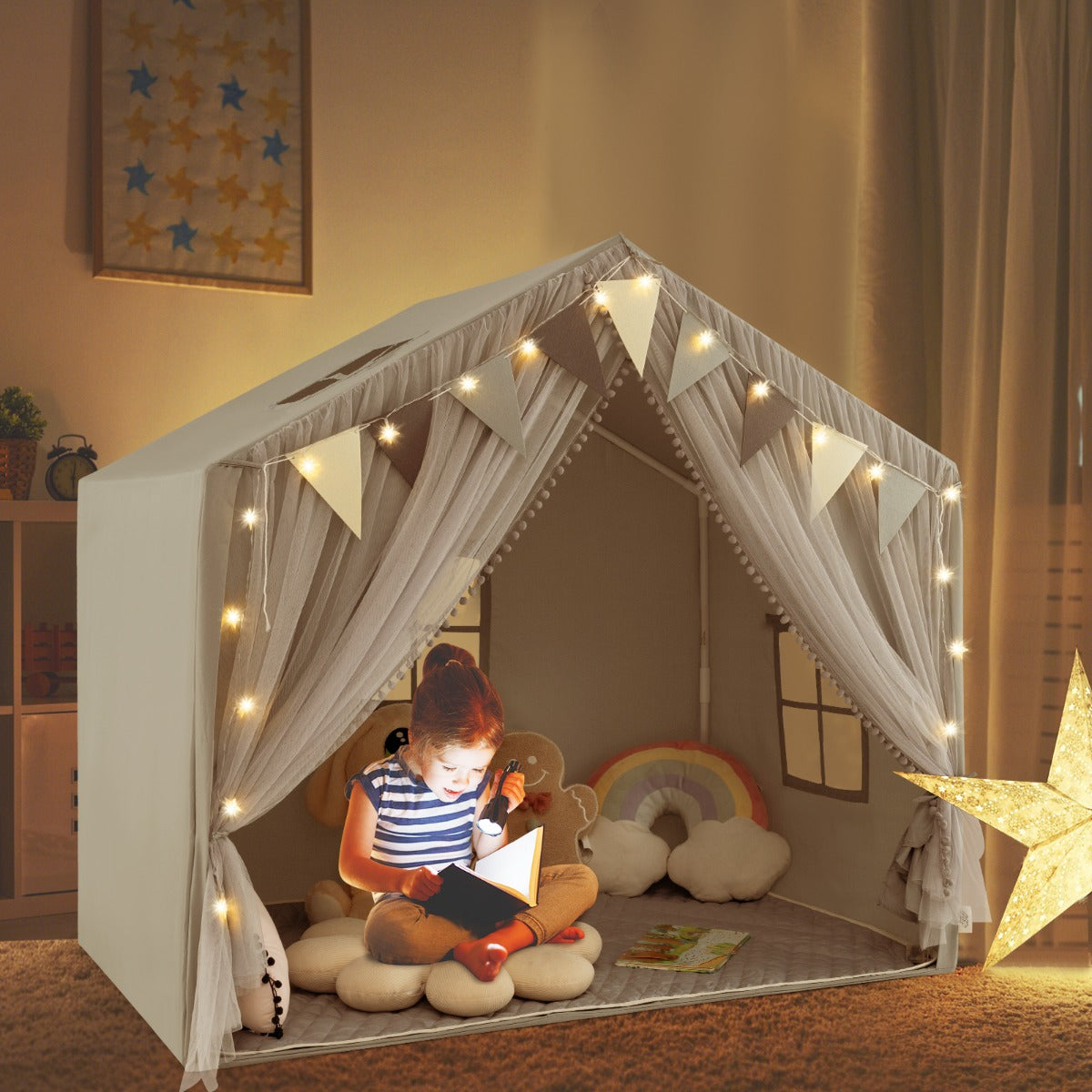 Kids Play Tent 3-4 Kids Large Play Tent House with Fabric and Screen Curtains-Beige