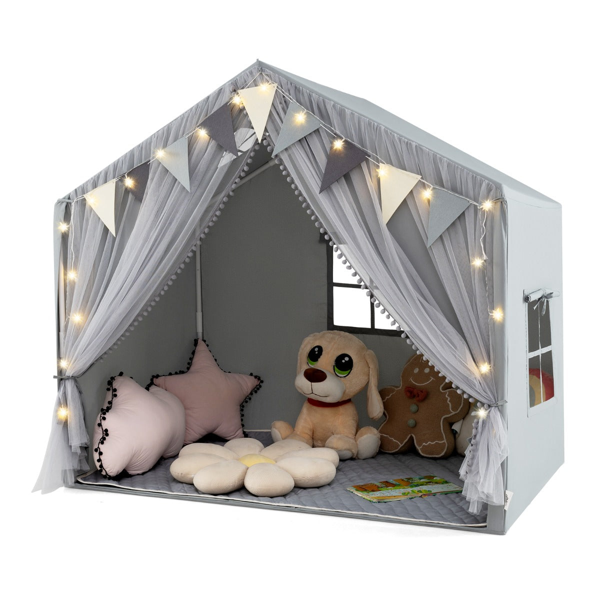 Kids Play Tent 3-4 Kids Large Play Tent House with Fabric and Screen Curtains-Beige
