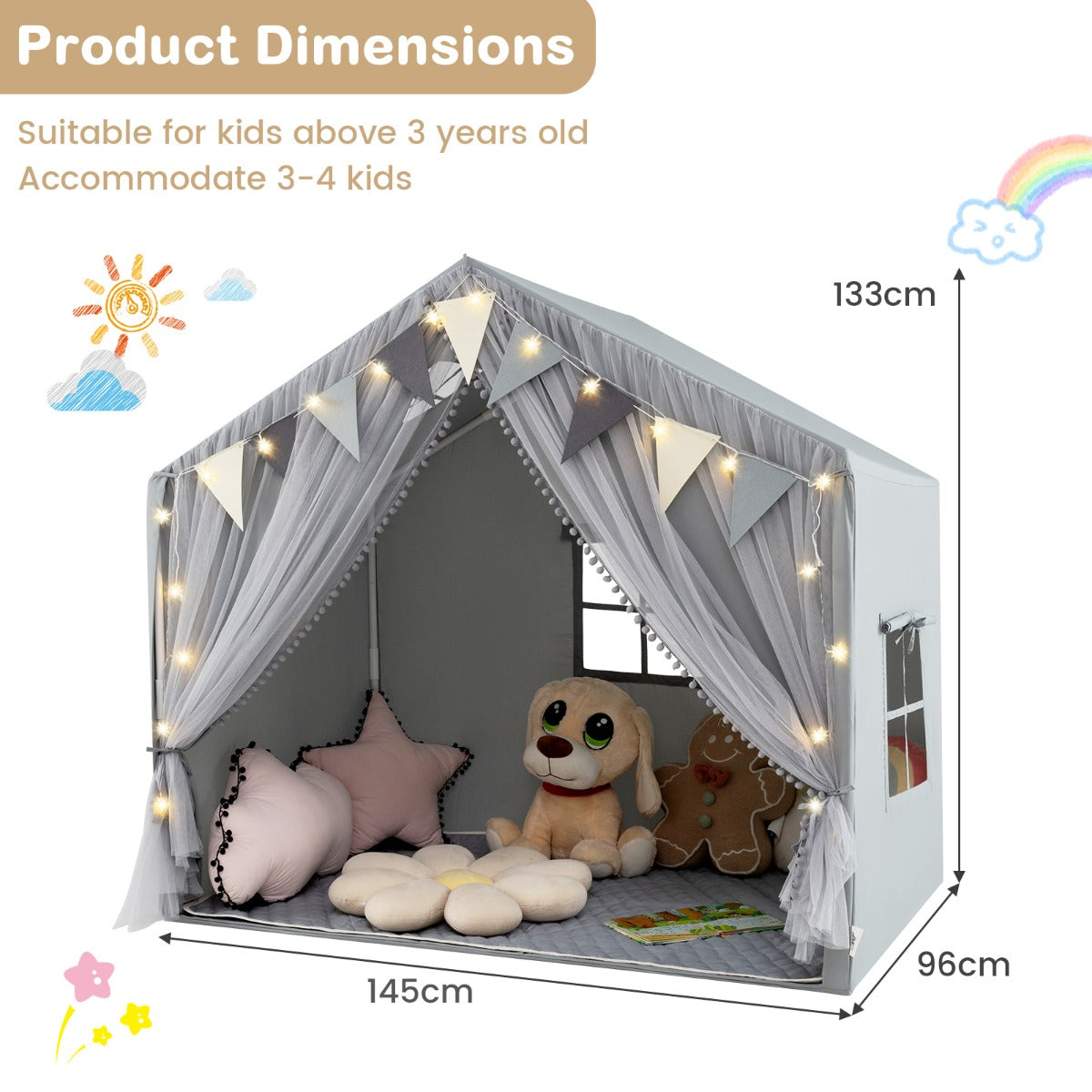 Kids Play Tent 3-4 Kids Large Play Tent House with Fabric and Screen Curtains-Beige
