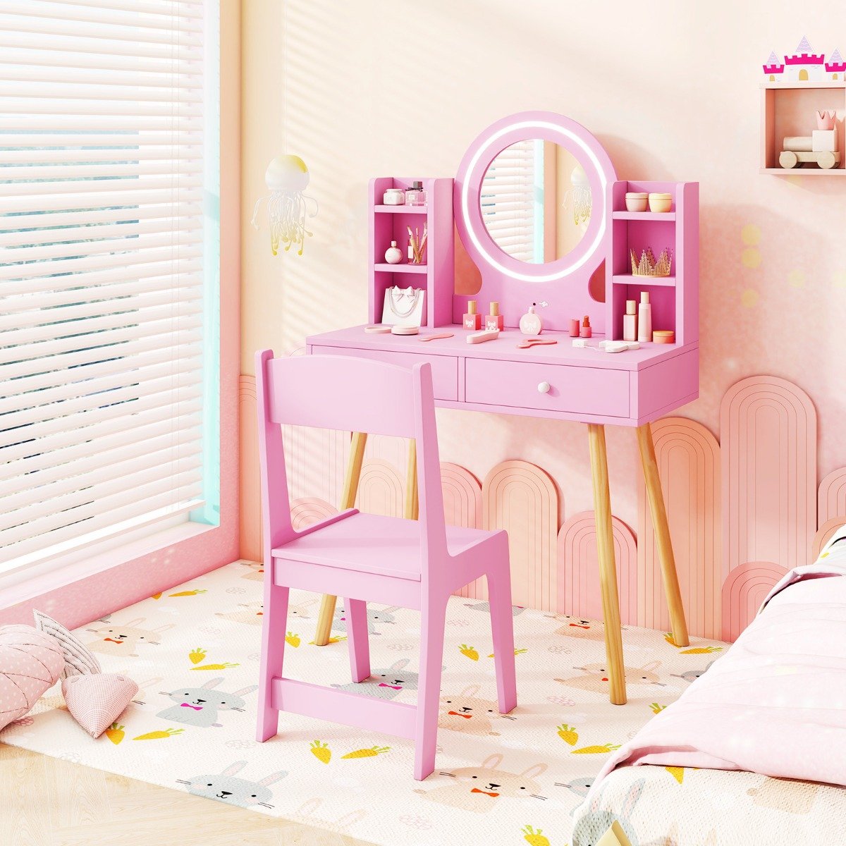 Kids Princess Vanity Desk Set with 2-Color LED Lighted Acrylic Mirror-Pink
