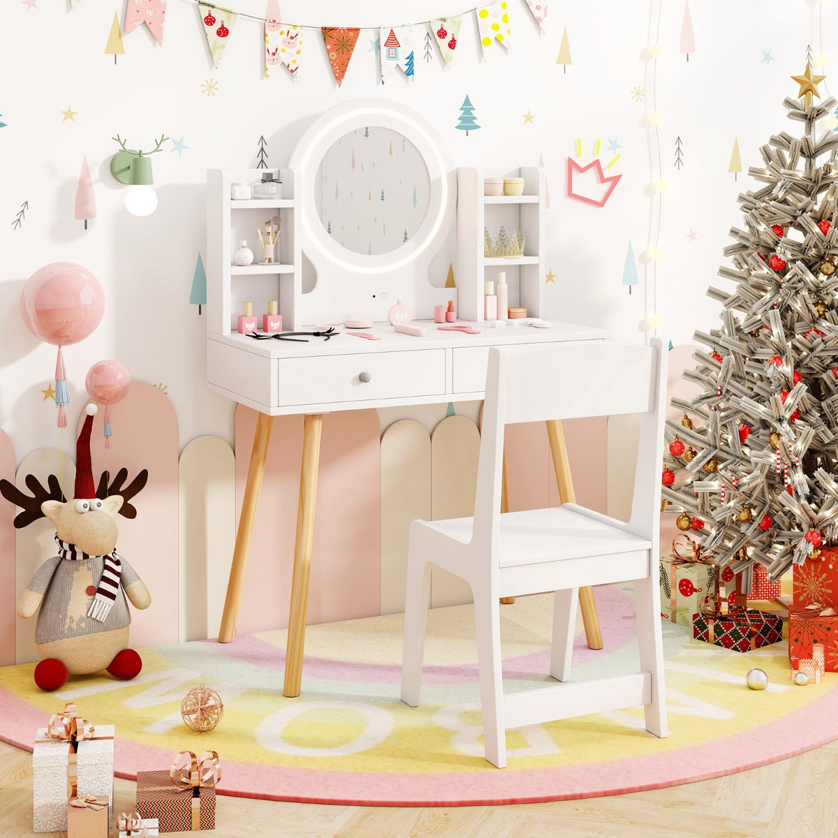 Kids Princess Vanity Desk Set with 2-Color LED Lighted Acrylic Mirror-Pink