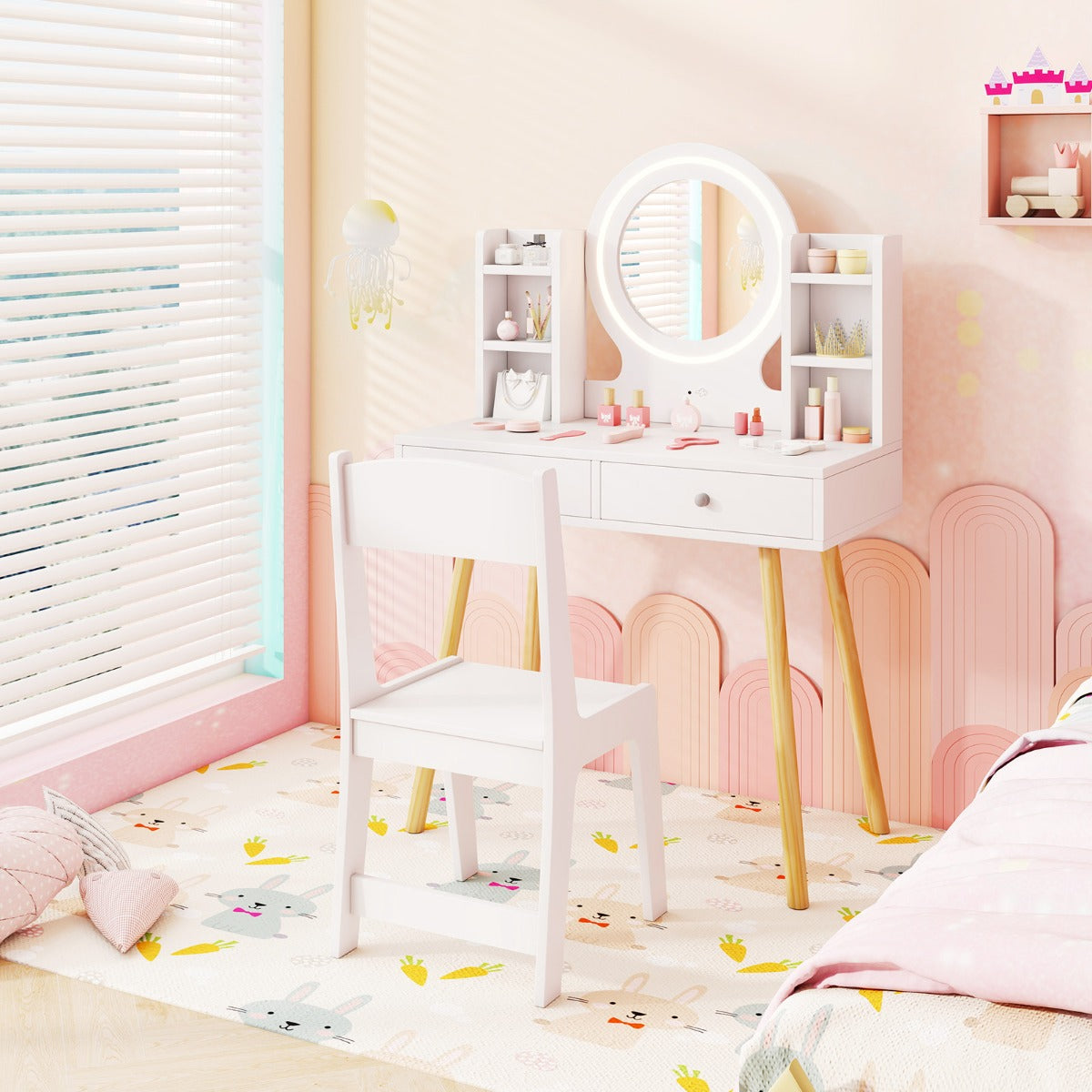 Kids Princess Vanity Desk Set with 2-Color LED Lighted Acrylic Mirror-Pink