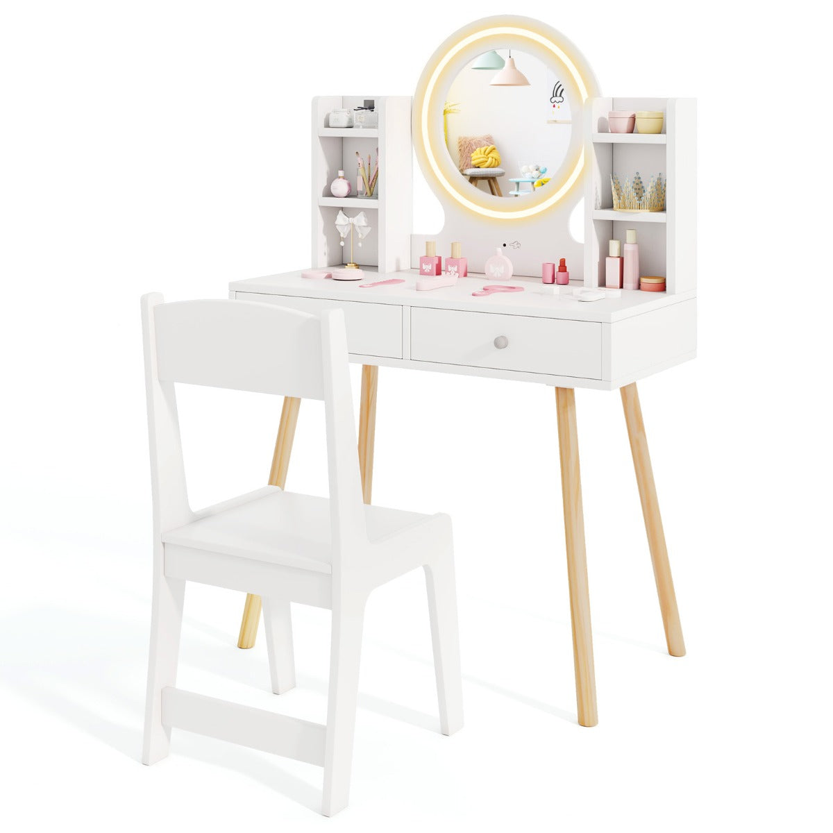 Kids Princess Vanity Desk Set with 2-Color LED Lighted Acrylic Mirror-Pink