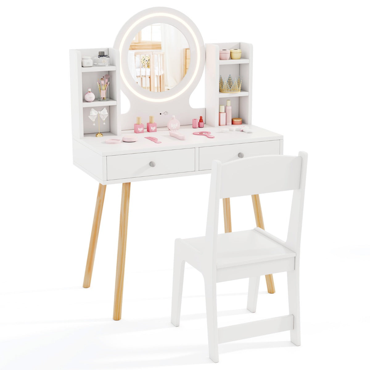 Kids Princess Vanity Desk Set with 2-Color LED Lighted Acrylic Mirror-Pink