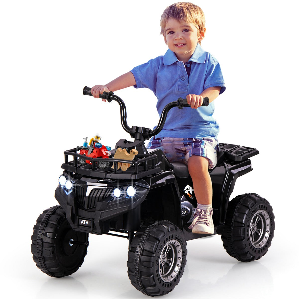 6V 4-Wheeler Quad Car with One-Button Start and Tread Tires-Black