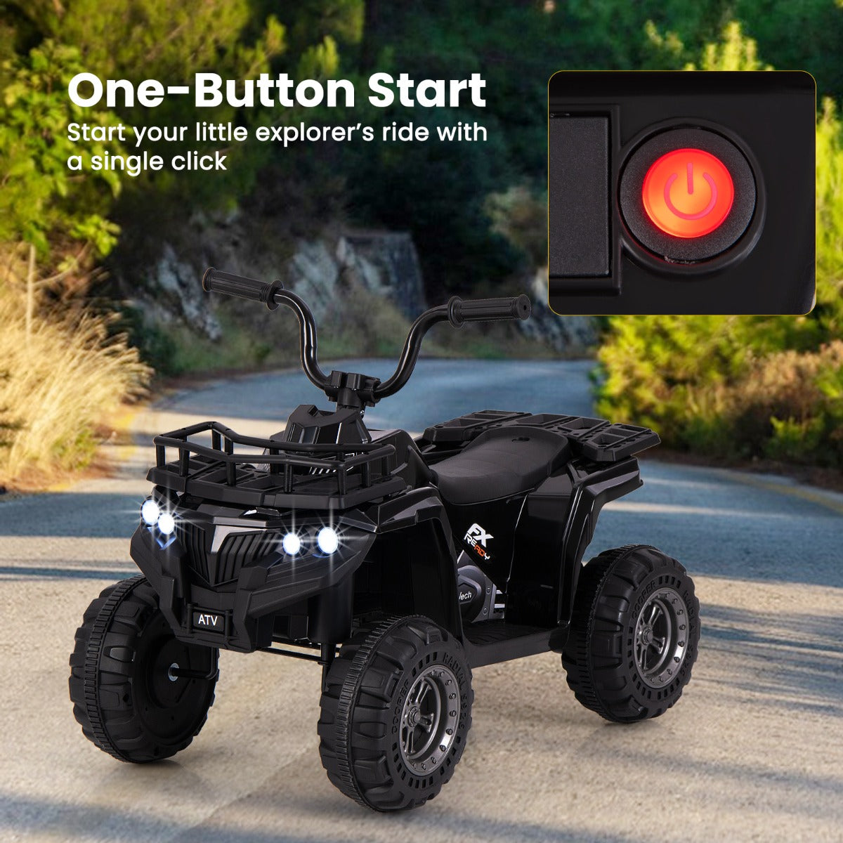 6V 4-Wheeler Quad Car with One-Button Start and Tread Tires-Black