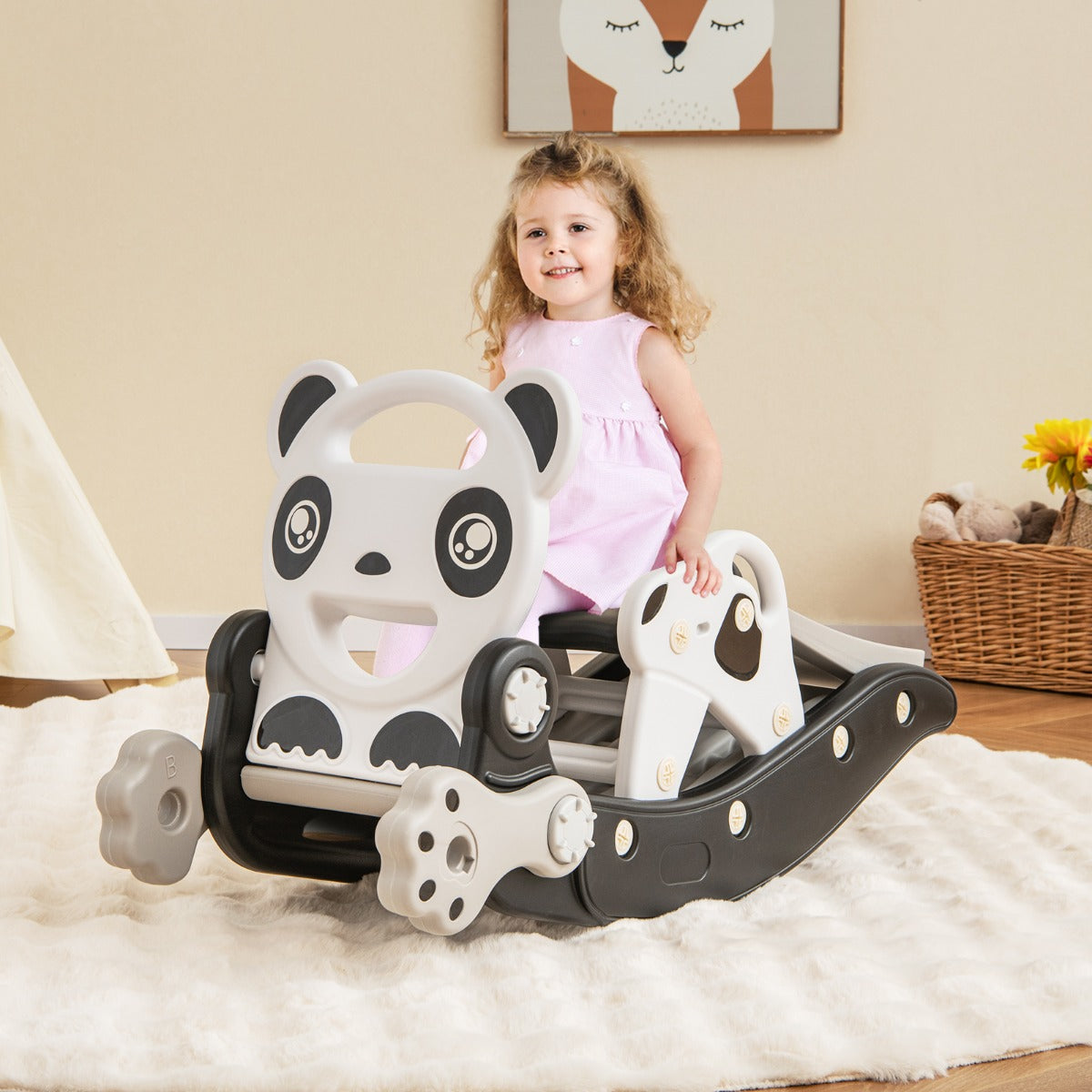 Kids Rocking Horse and Slide Set with Basketball and Ring Game