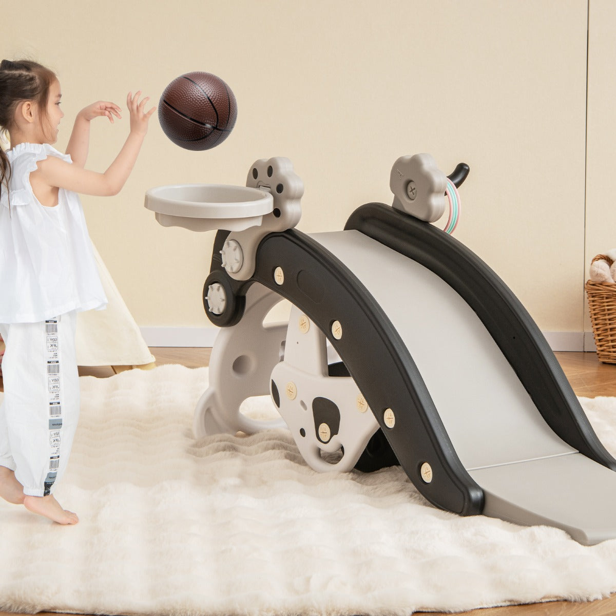 Kids Rocking Horse and Slide Set with Basketball and Ring Game