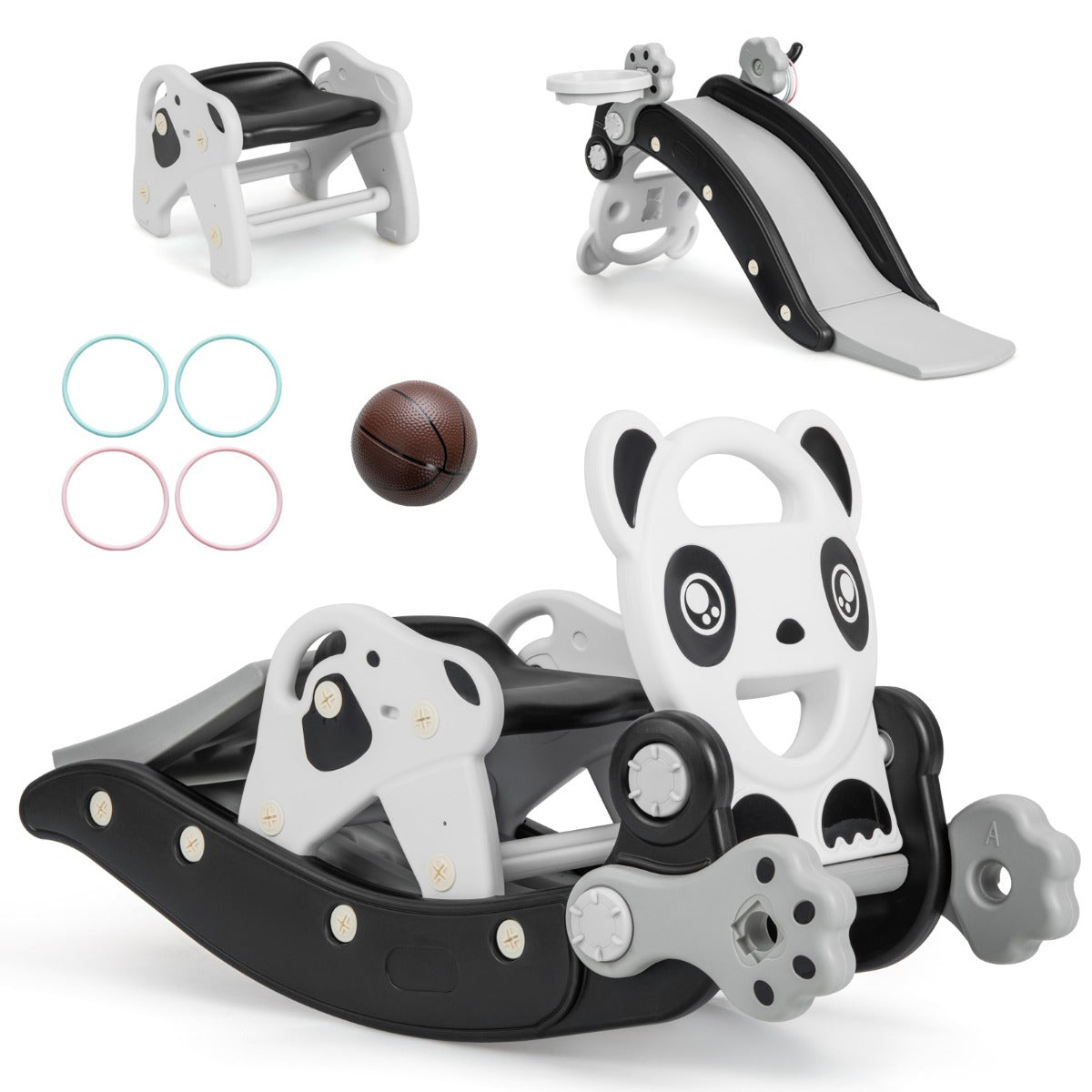 Kids Rocking Horse and Slide Set with Basketball and Ring Game