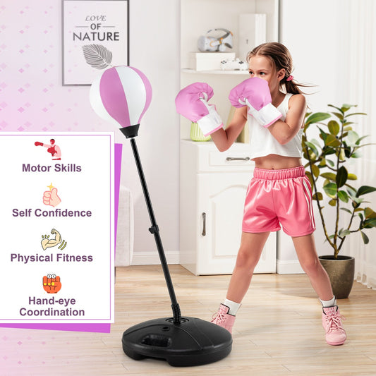 Kids Standing Punching Bag with Stand and Gloves-Pink and White