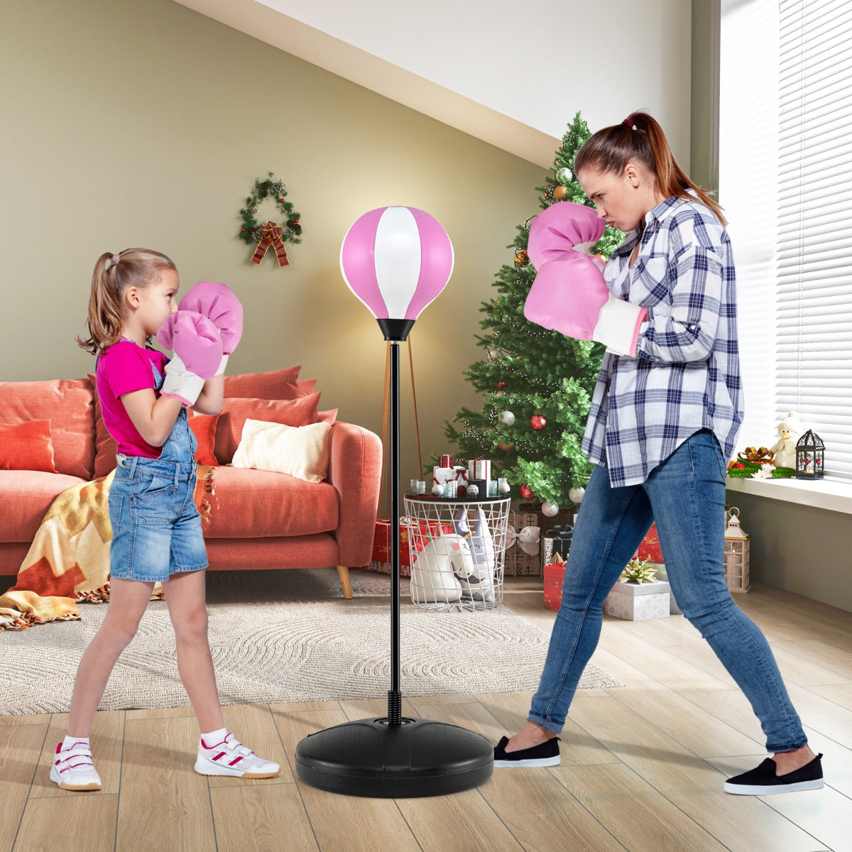 Kids Standing Punching Bag with Stand and Gloves-Pink and White
