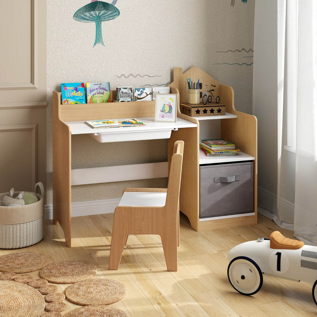 Kids Study Desk and Chair Set Children Study Table with Open Shelves-Natural
