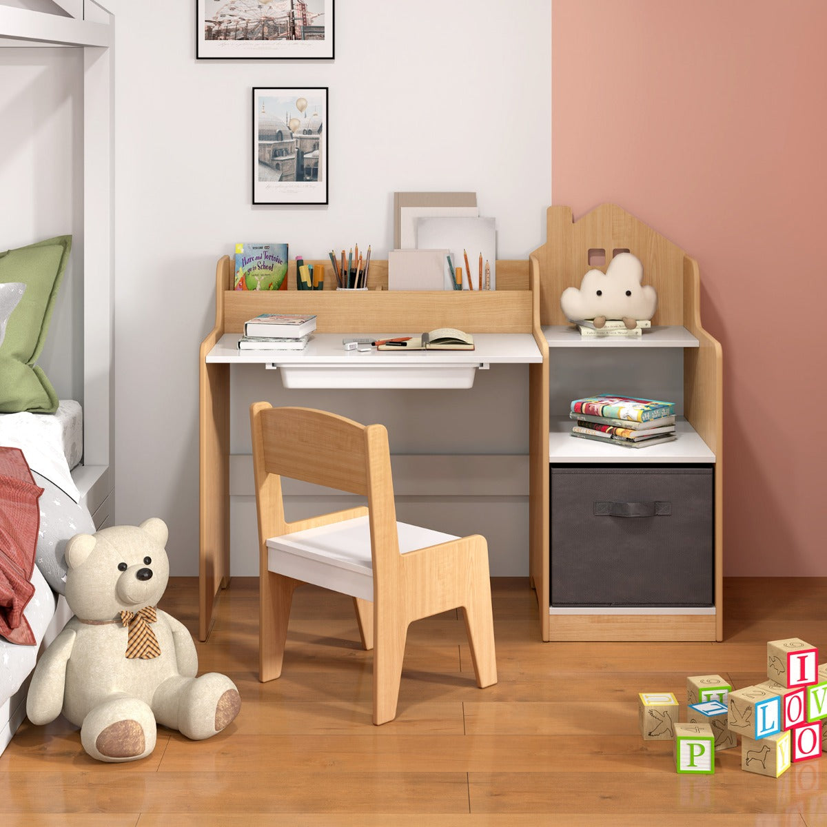Kids Study Desk and Chair Set Children Study Table with Open Shelves-Natural