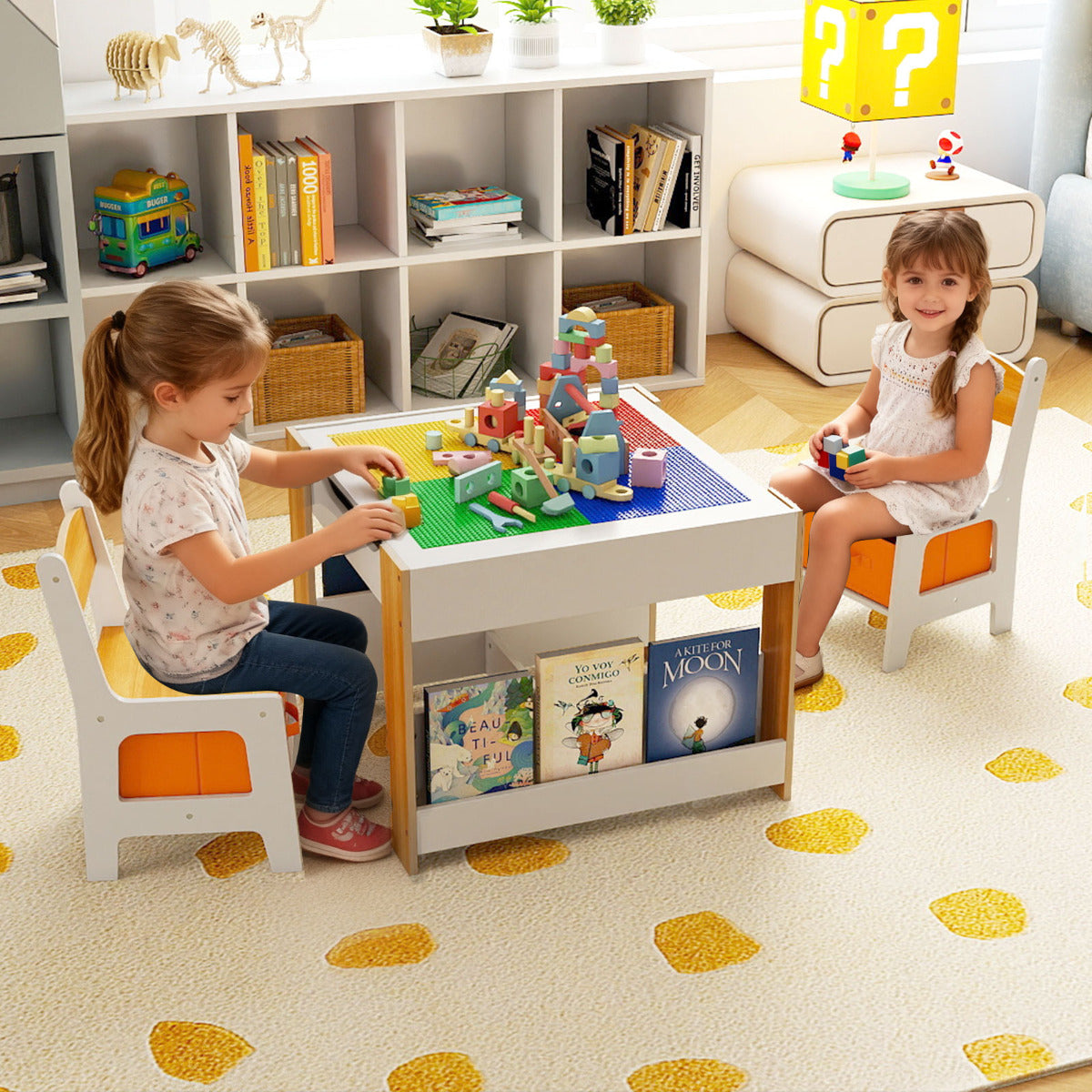 Kids Table and 2 Chairs Set Multifunctional Activity Table with Reversible Tabletop-Grey