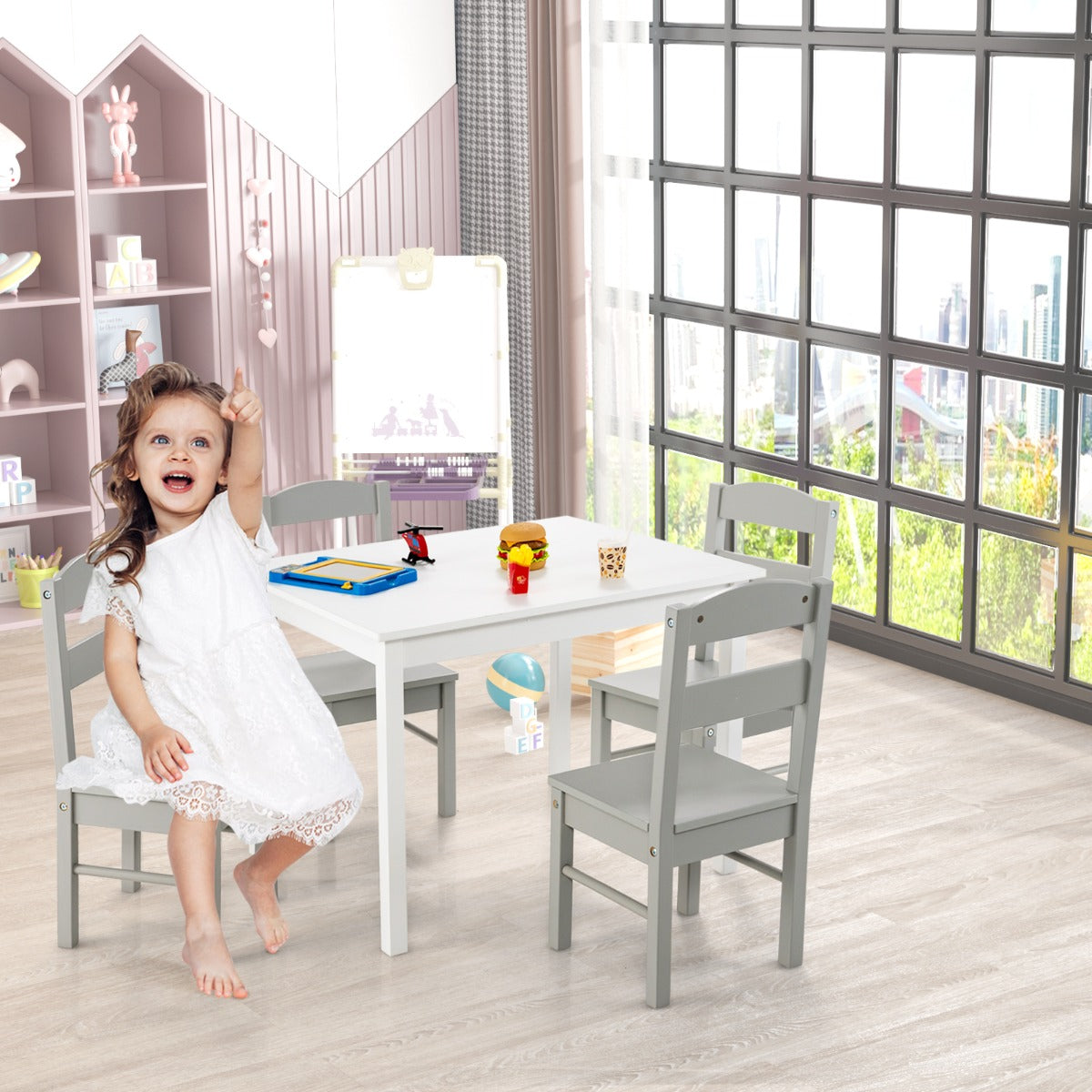 Kids Table and 4 Chairs Set for Toddlers Dining, Drawing, Reading-Dark Brown