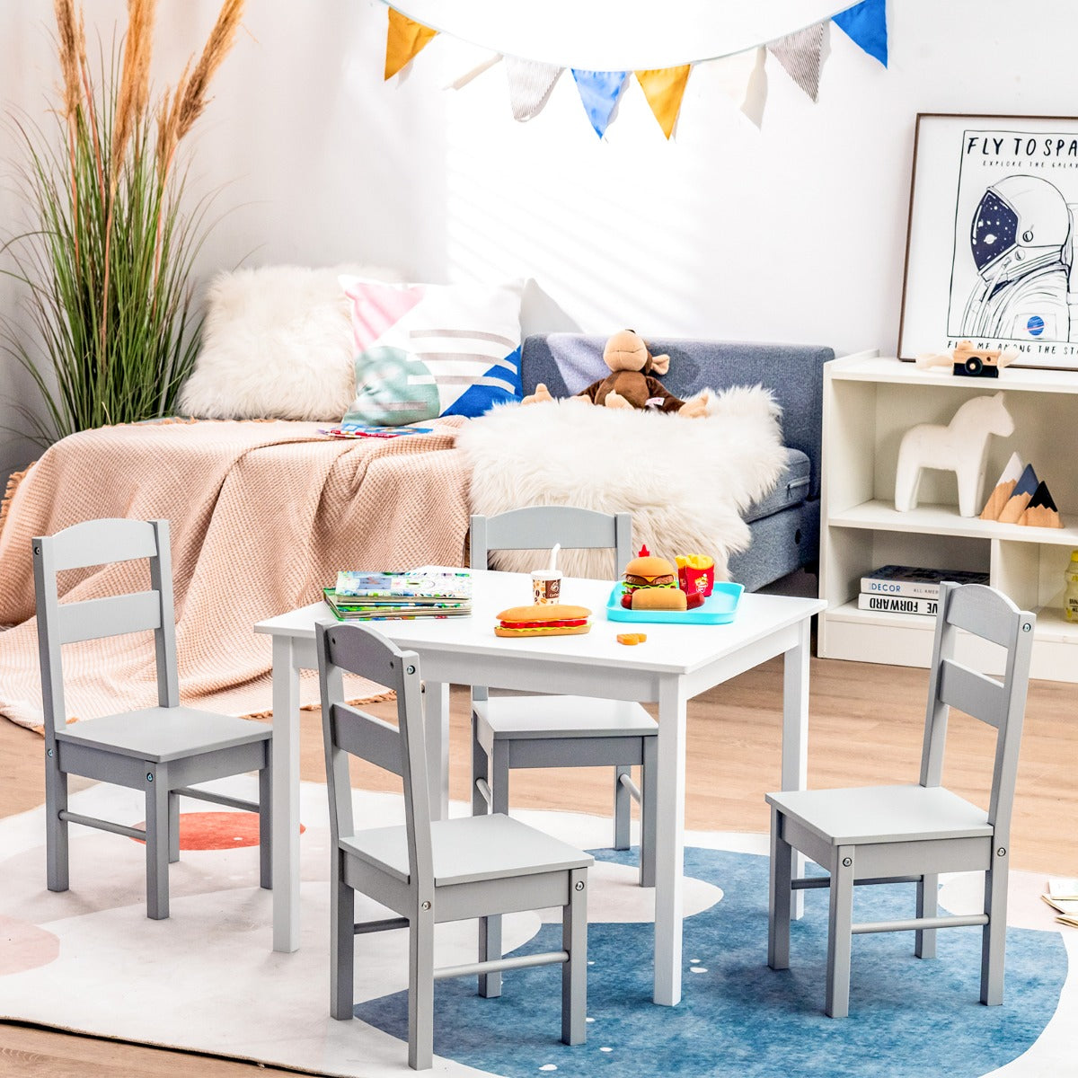 Kids Table and 4 Chairs Set for Toddlers Dining, Drawing, Reading-Dark Brown