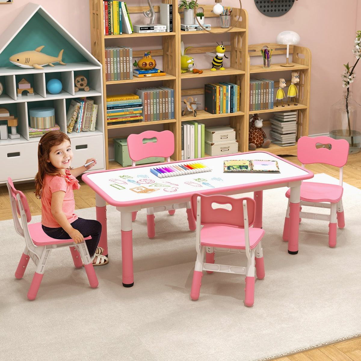 Kids Table and 4 Chairs Set with Graffiti Desktop for Home Daycare School-Green