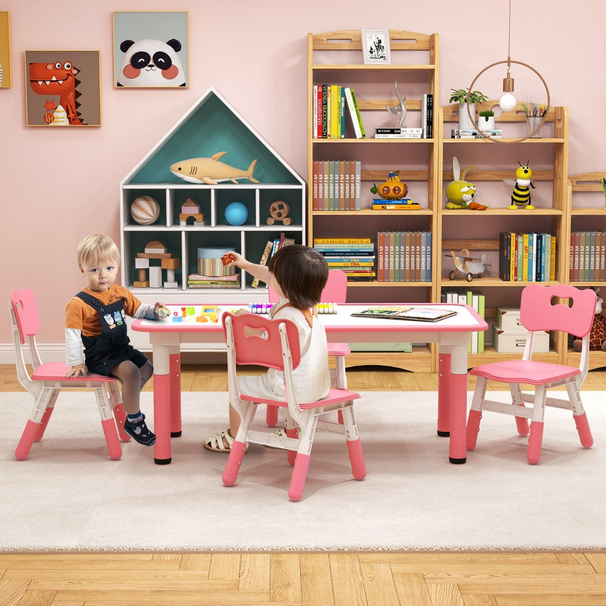 Kids Table and 4 Chairs Set with Graffiti Desktop for Home Daycare School-Green