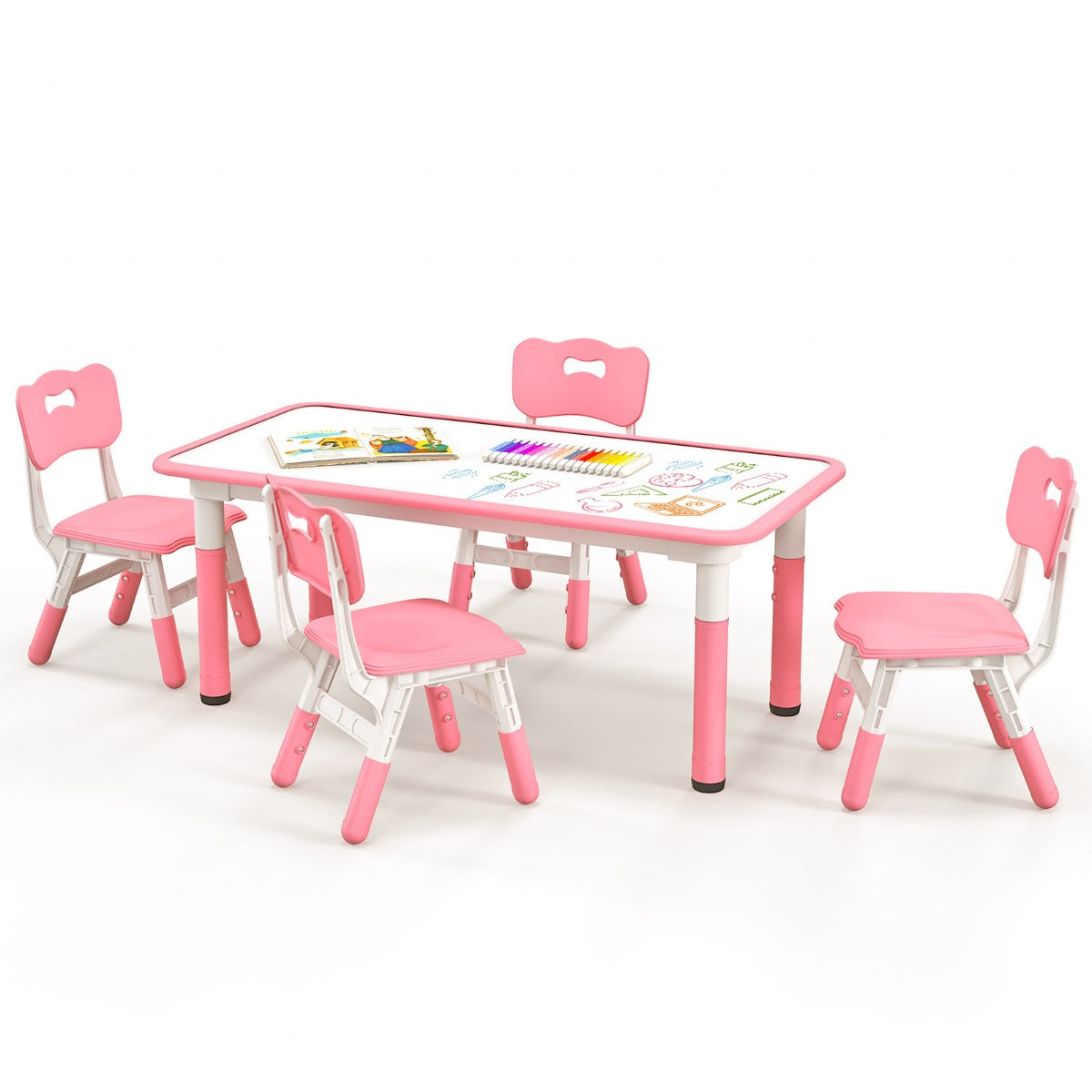 Kids Table and 4 Chairs Set with Graffiti Desktop for Home Daycare School-Green