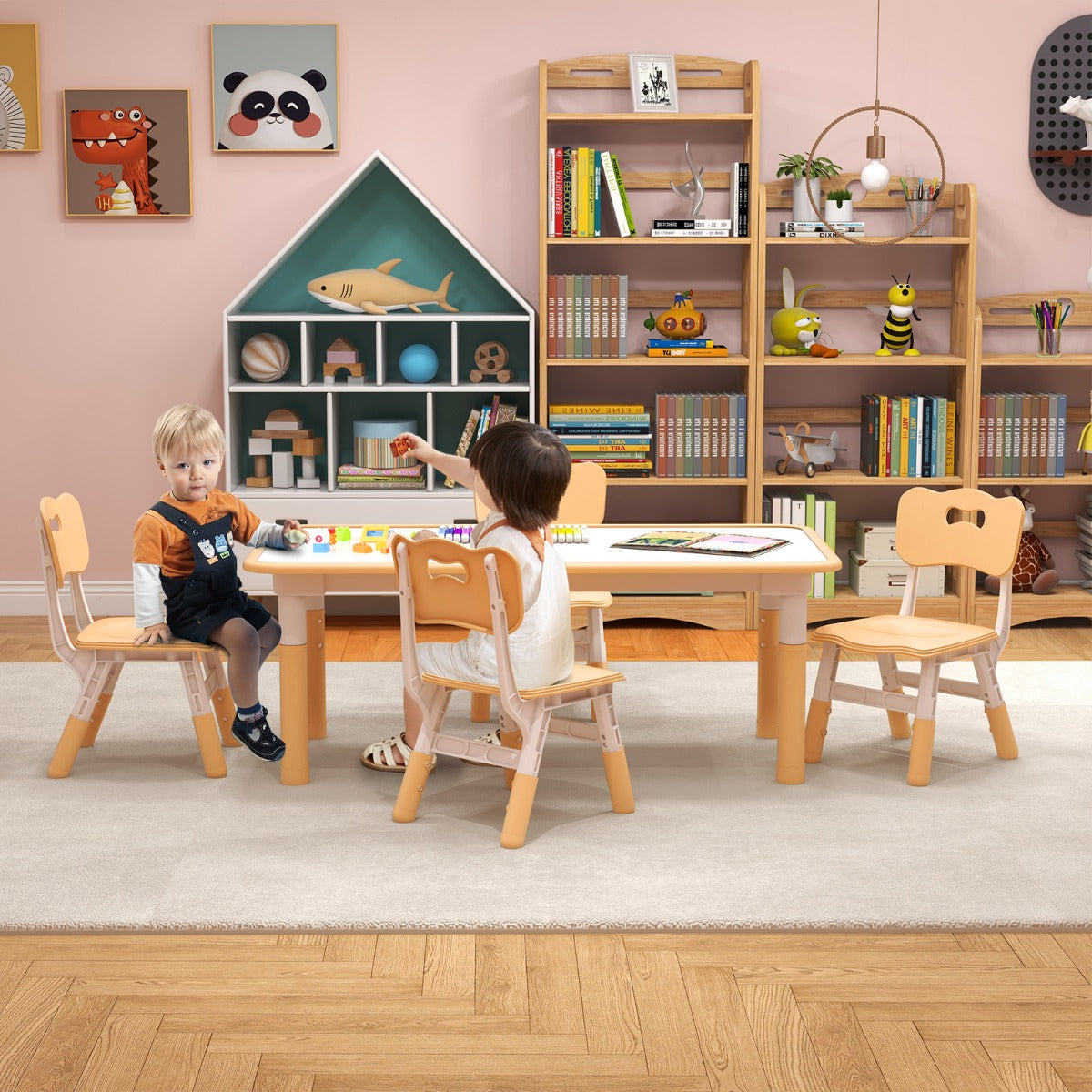 Kids Table and 4 Chairs Set with Graffiti Desktop for Home Daycare School-Green