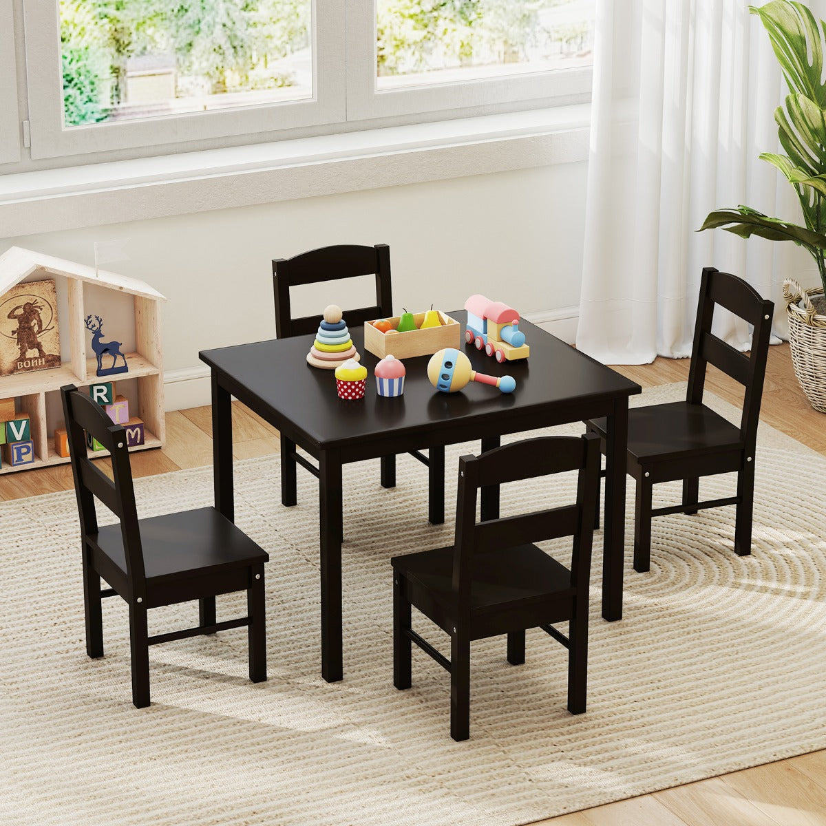 Kids Table and 4 Chairs Set for Toddlers Dining, Drawing, Reading-Dark Brown