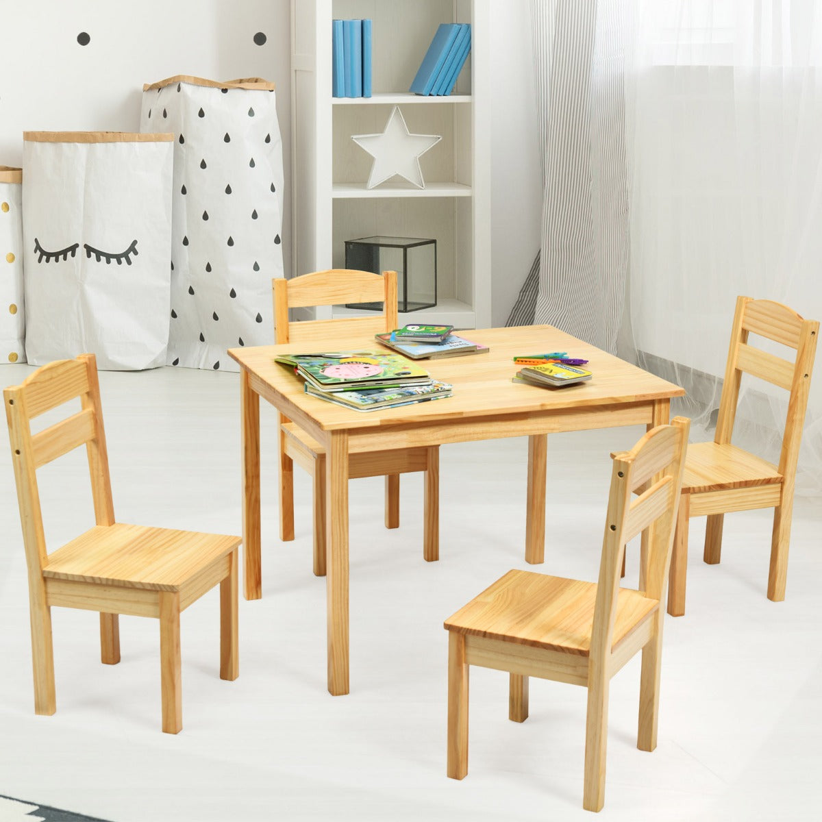 Kids Table and 4 Chairs Set for Toddlers Dining, Drawing, Reading-Dark Brown