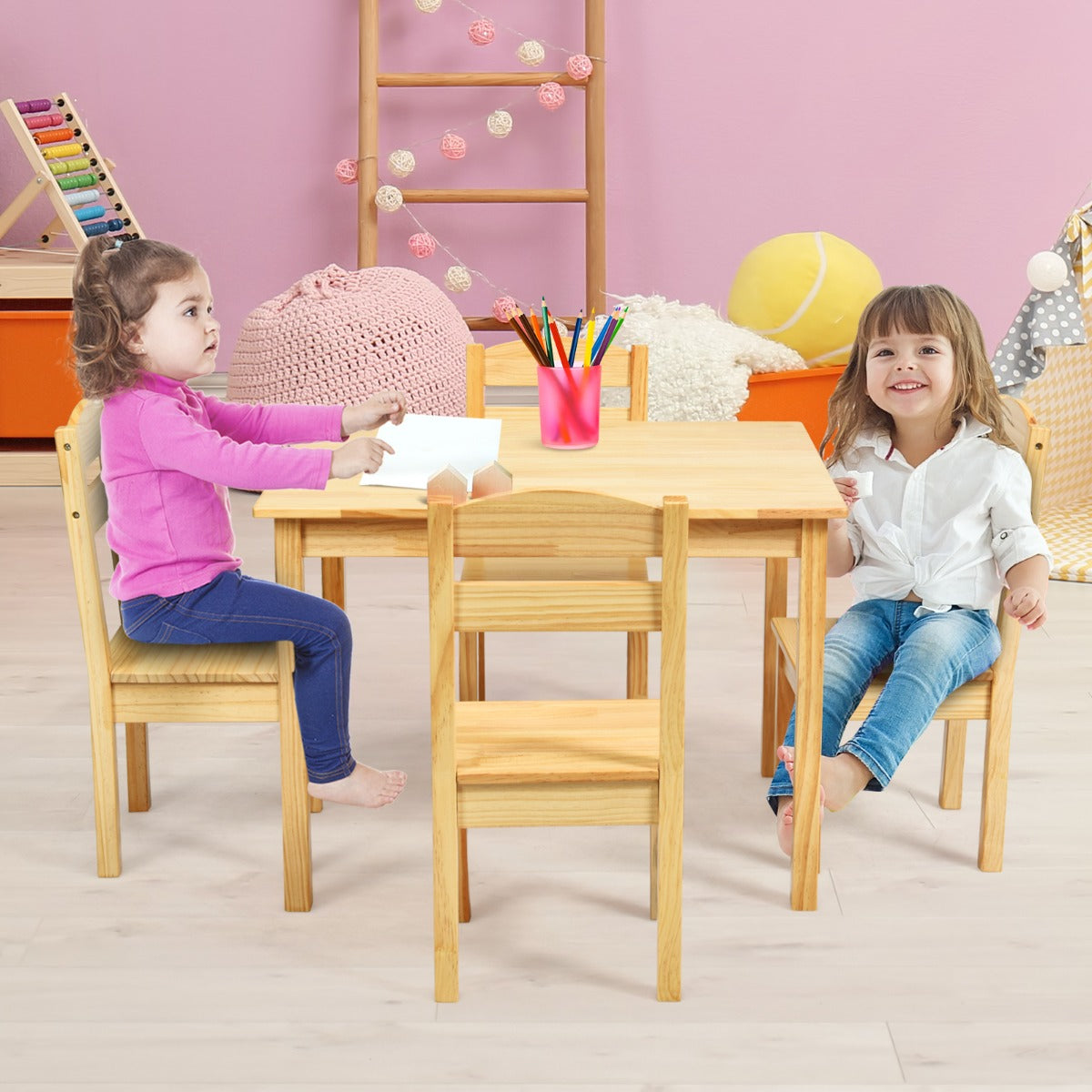 Kids Table and 4 Chairs Set for Toddlers Dining, Drawing, Reading-Dark Brown