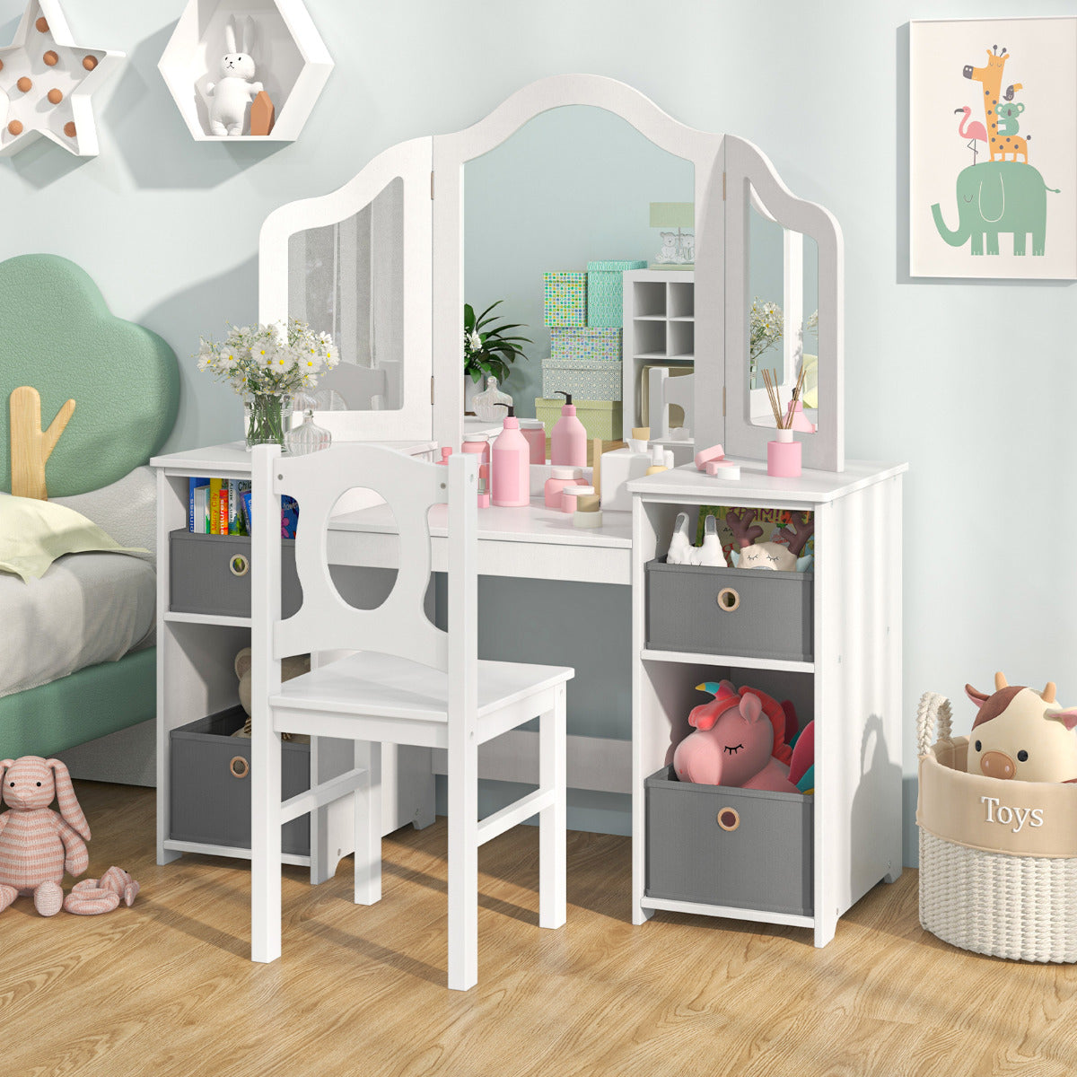 Kids Vanity Desk & Chair 2 in 1 Toddler Makeup Pretend Play Table-White