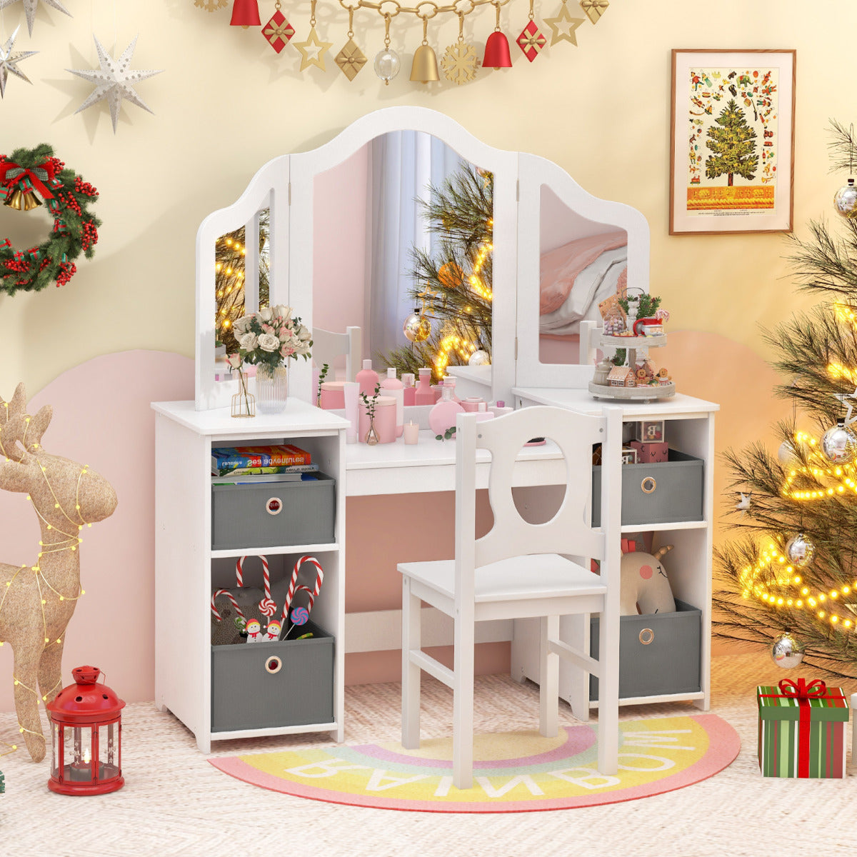 Kids Vanity Desk & Chair 2 in 1 Toddler Makeup Pretend Play Table-White