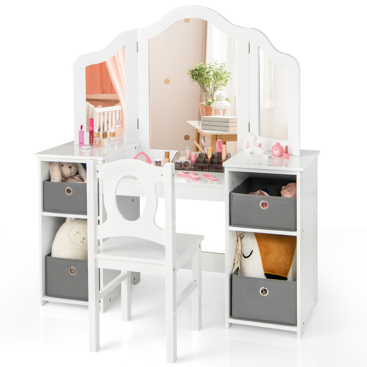 Kids Vanity Desk & Chair 2 in 1 Toddler Makeup Pretend Play Table-White