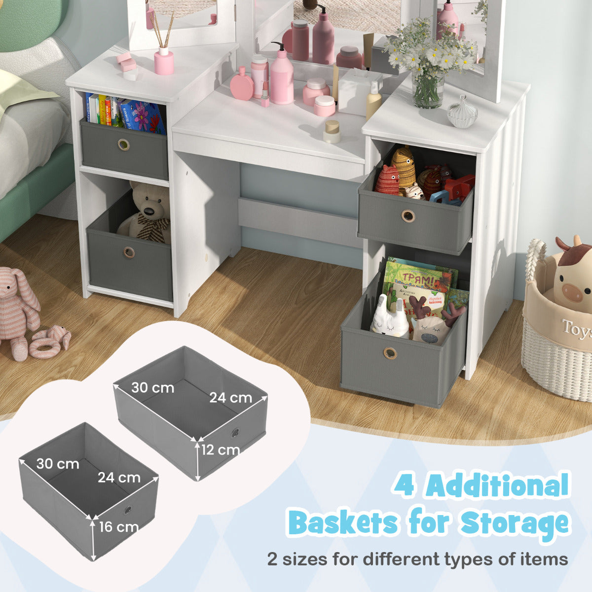 Kids Vanity Desk & Chair 2 in 1 Toddler Makeup Pretend Play Table-White