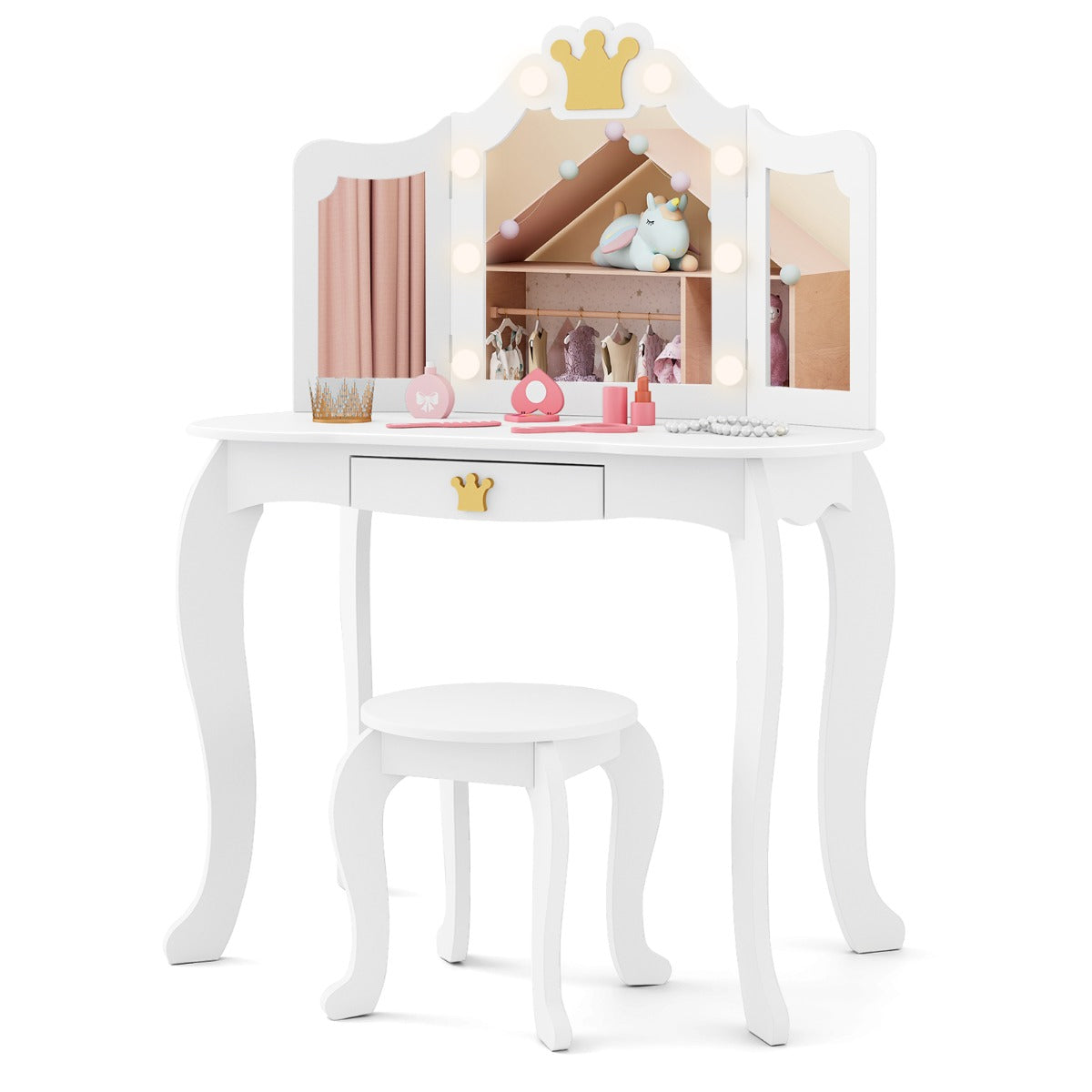 Kids Vanity Set with Lighted Mirror and Adjustable Brightness Pull-out Drawer and Stool-Pink
