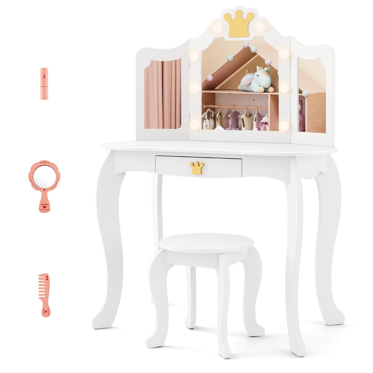 Kids Vanity Set with Lighted Mirror and Adjustable Brightness Pull-out Drawer and Stool-Pink