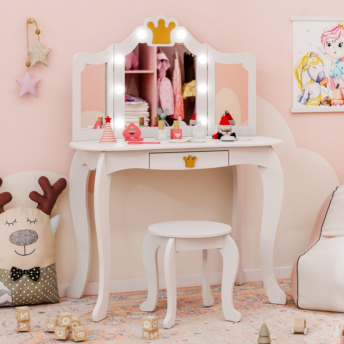 Kids Vanity Set with Lighted Mirror and Adjustable Brightness Pull-out Drawer and Stool-Pink