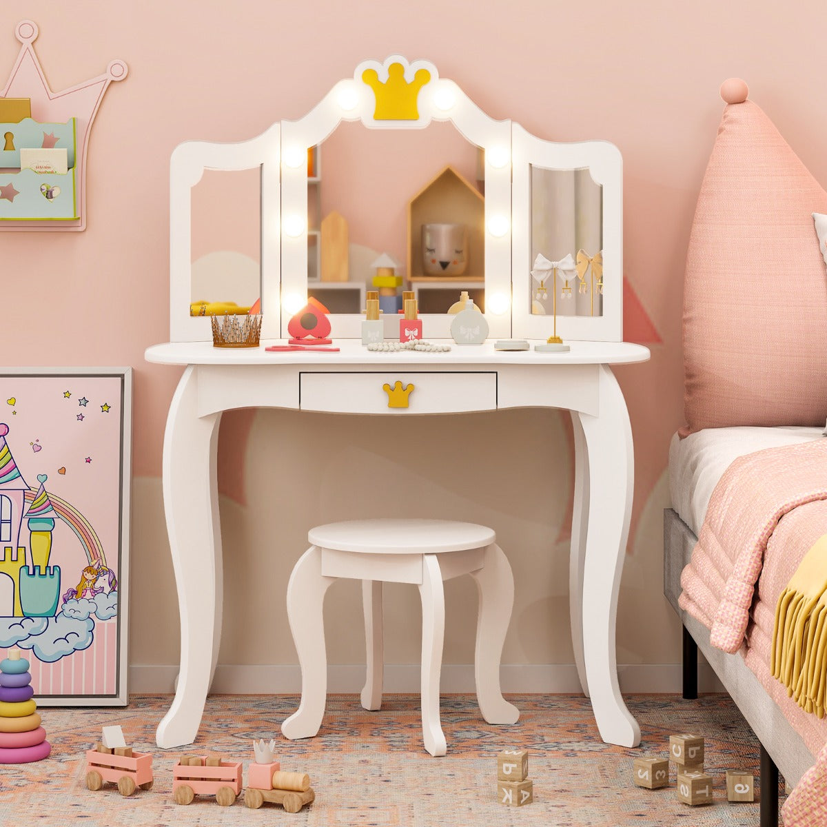 Kids Vanity Set with Lighted Mirror and Adjustable Brightness Pull-out Drawer and Stool-Pink