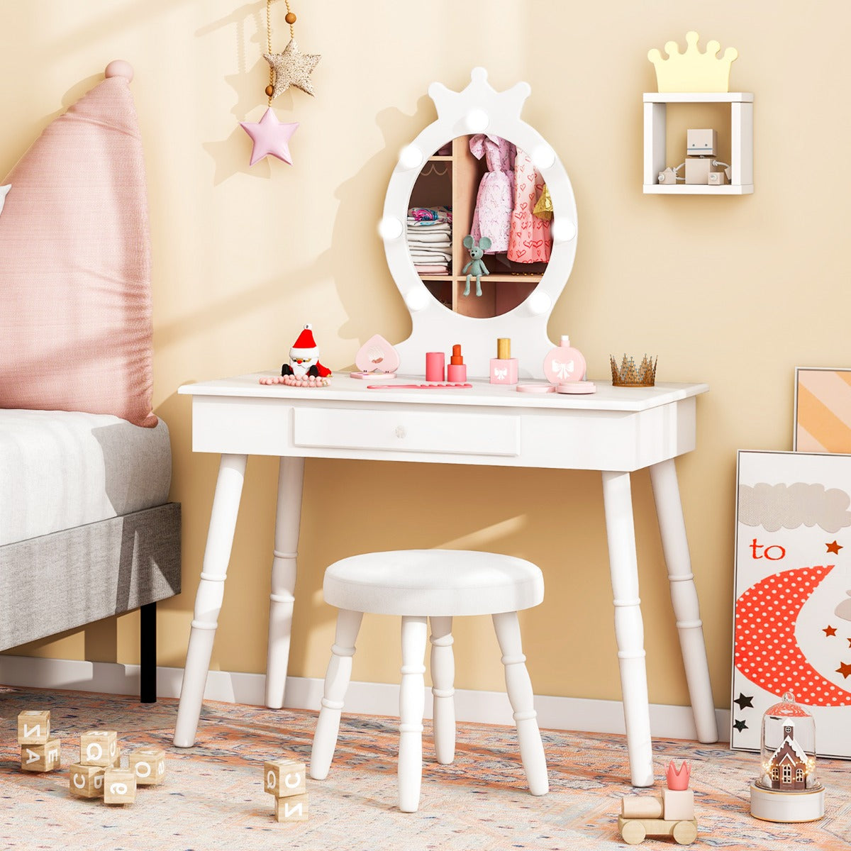 Kids Vanity Set with Lighted Mirror and Adjustable Brightness for Kids Aged 3-7 Years Old-Pink