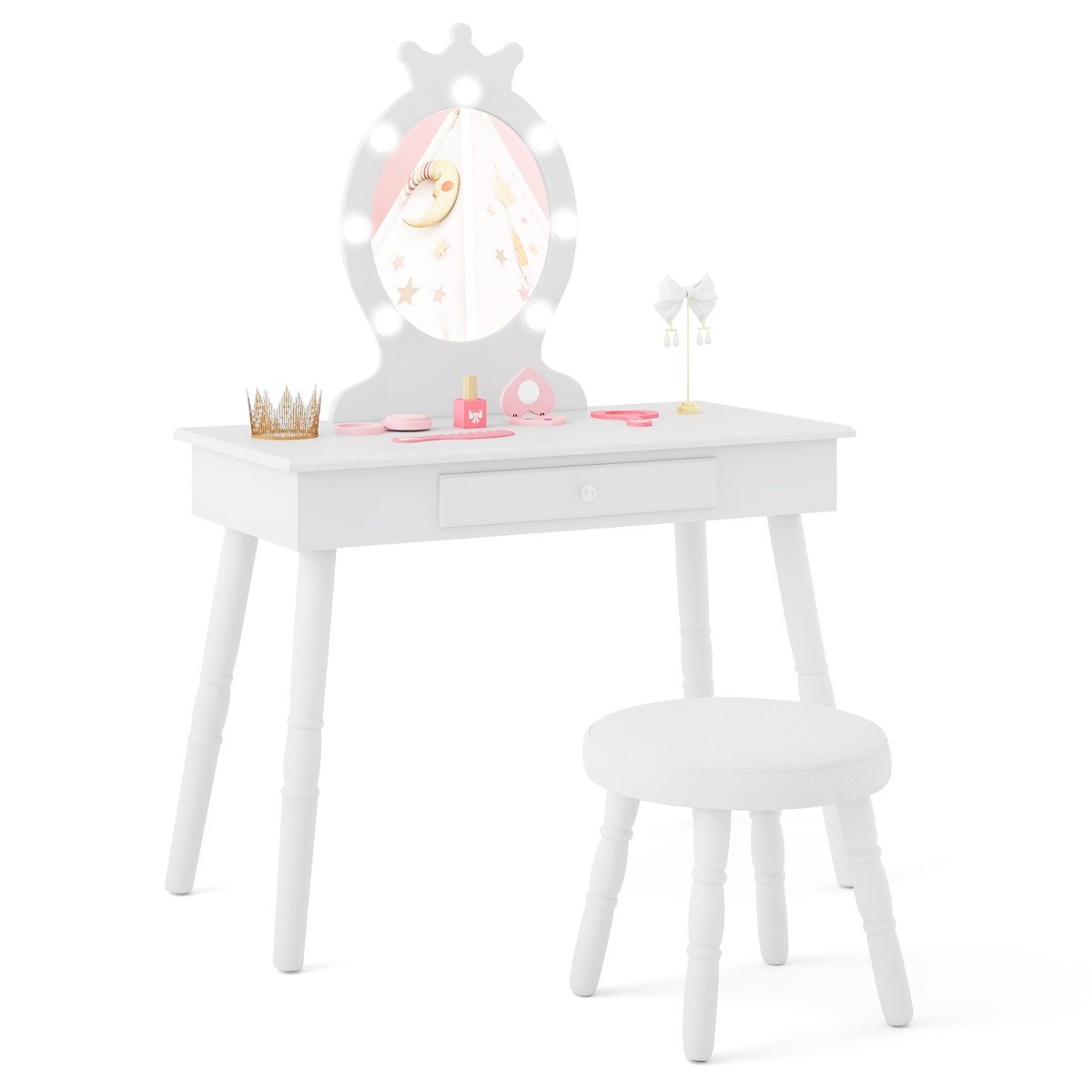 Kids Vanity Set with Lighted Mirror and Adjustable Brightness for Kids Aged 3-7 Years Old-Pink