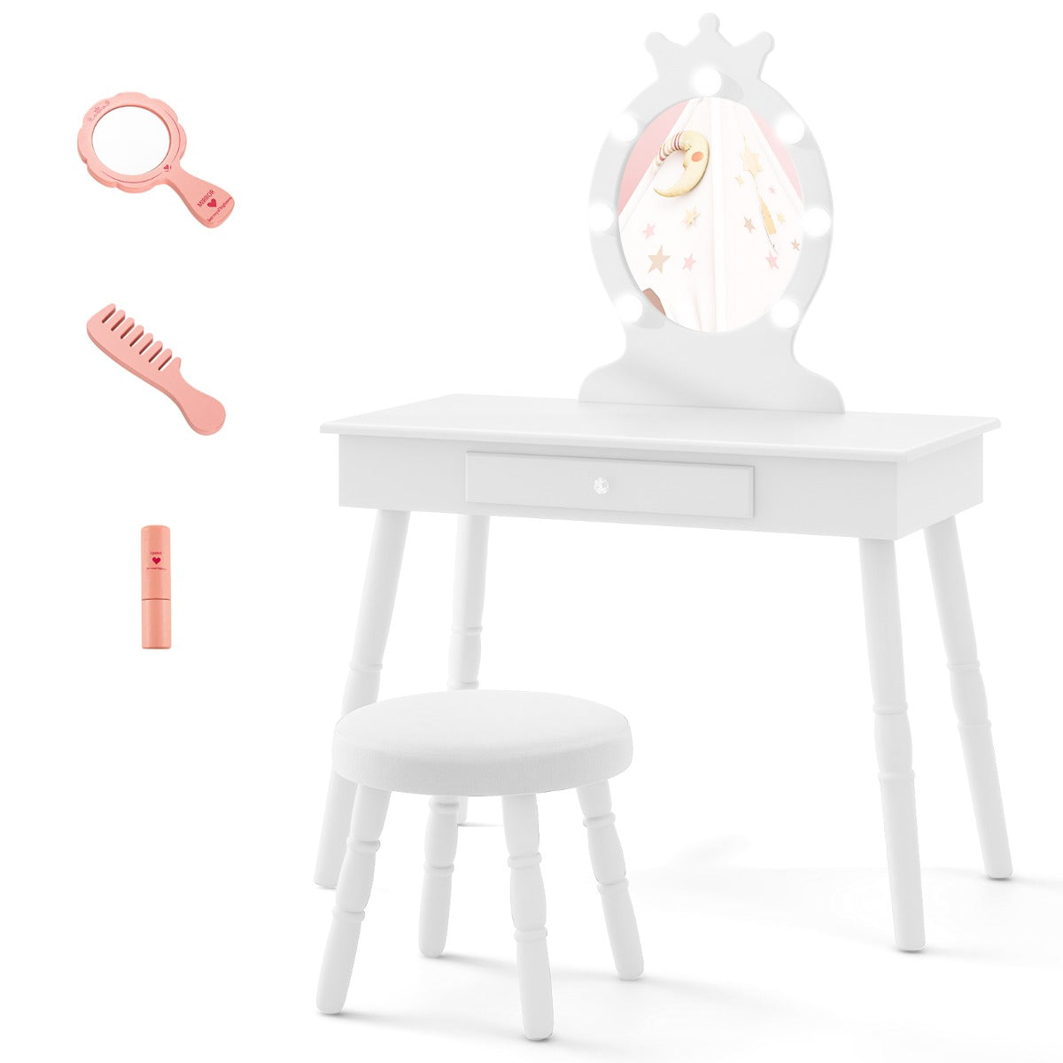 Kids Vanity Set with Lighted Mirror and Adjustable Brightness for Kids Aged 3-7 Years Old-Pink