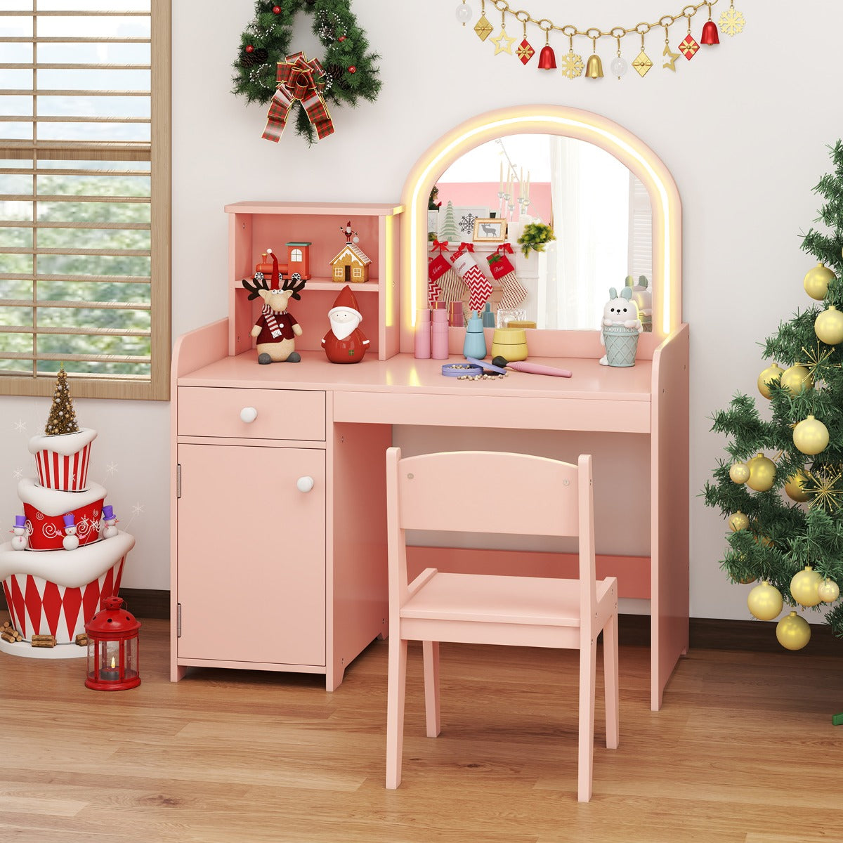 Kids Vanity Table and Chair Set with Shelves Drawer and Cabinet-Light Pink