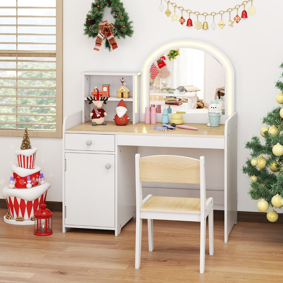 Kids Vanity Table and Chair Set with Shelves Drawer and Cabinet-Light Pink