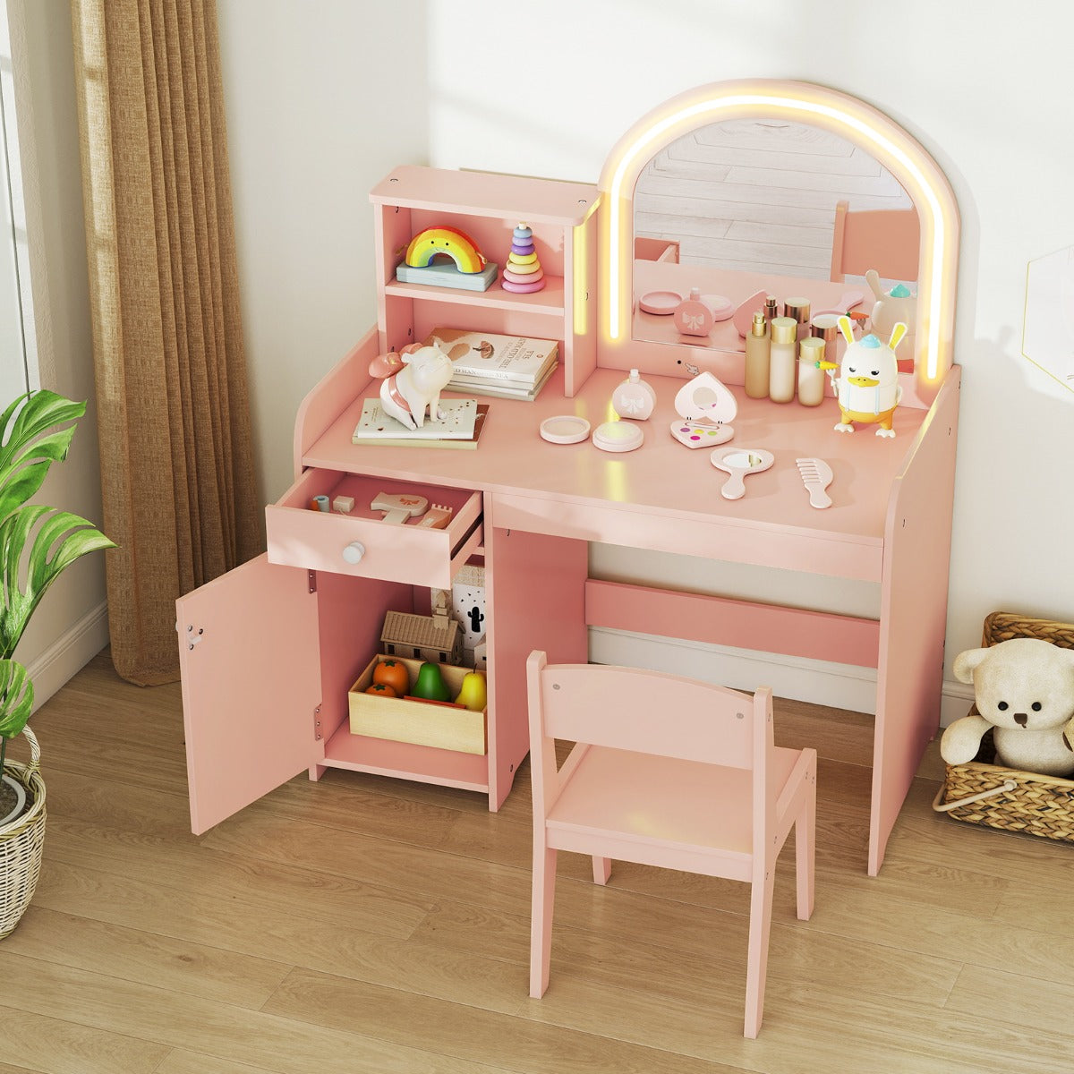 Kids Vanity Table and Chair Set with Shelves Drawer and Cabinet-Light Pink